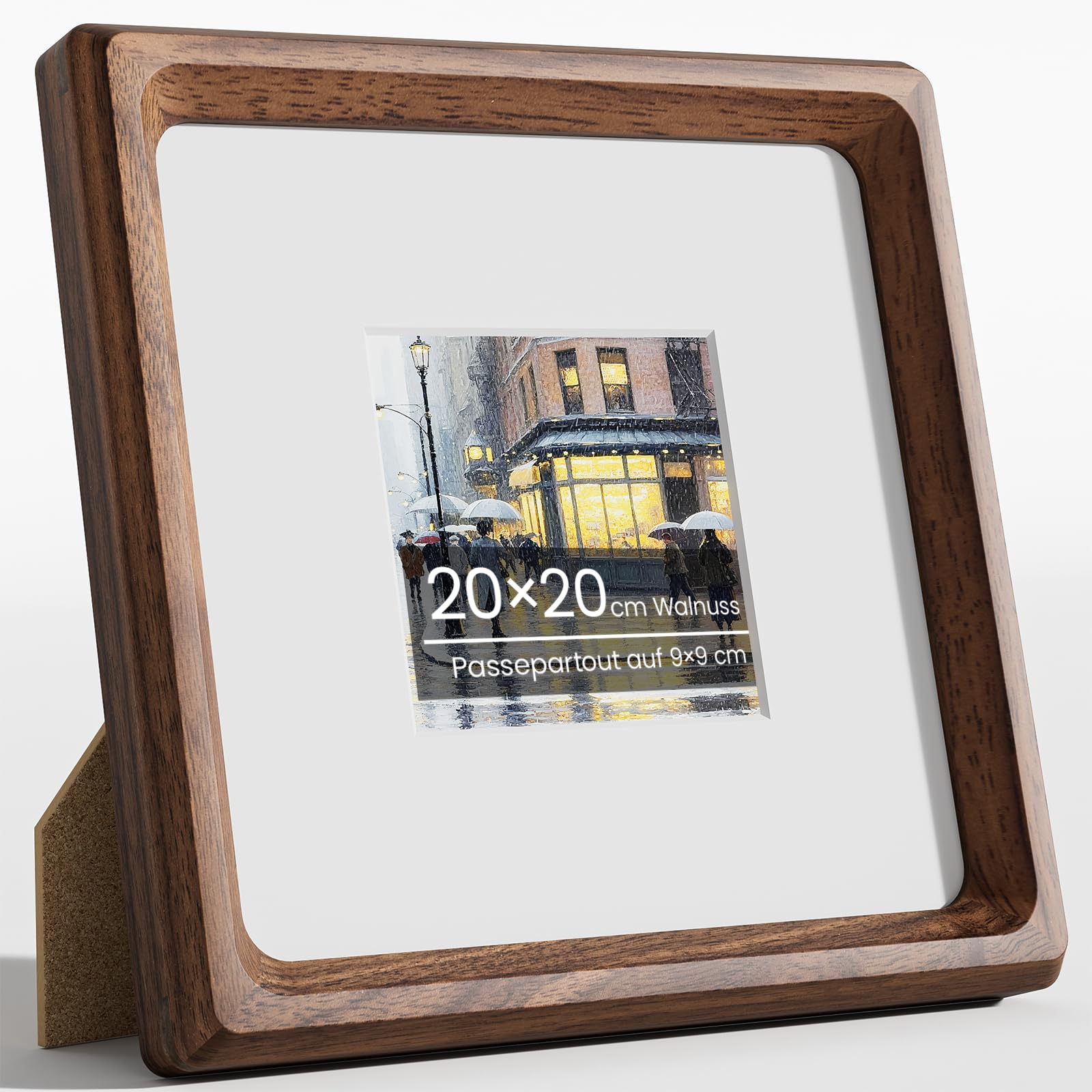 Cadre photo 20x20, Cadre photo en noyer naturel avec verre trempé, Cadre en bois carré de 20x20 cm ou 9x9 cm avec passe-partout pour photos, pour collages, décoration murale pour le mur ou le bureau