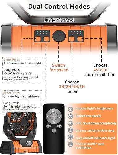 Miniatura 5 de Ventilador portátil a pilas para tienda de campaña con luz LED de 20000 mAh, recargable, oscilante, gancho giratorio de 360, inalámbrico para