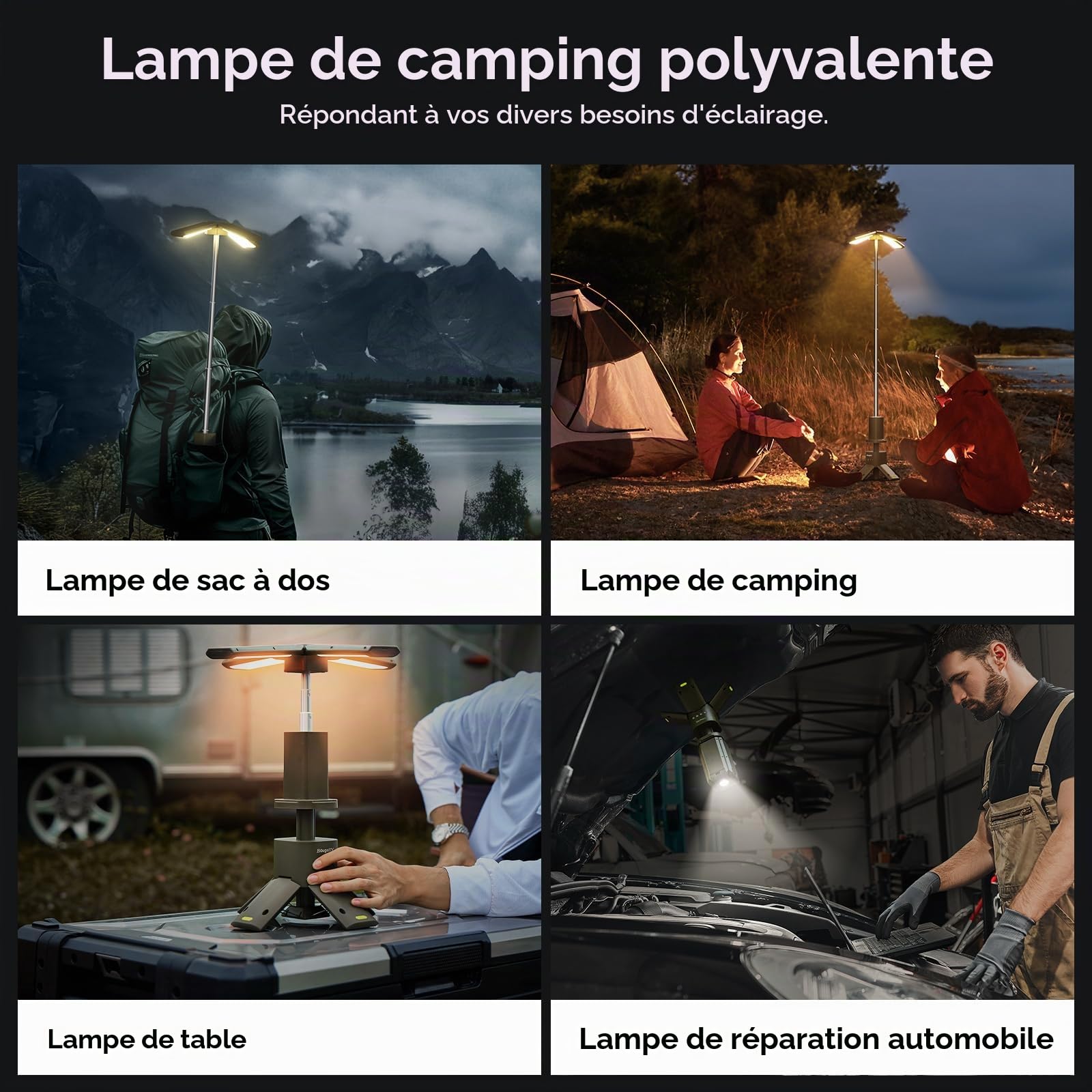 BougeRV Lampe camping avec 13400 mAh, lampe camping rechargeable, hauteur et angle réglables, lampe de camping avec 6000 lm, étanche IPX5, lanterne de camping pour camping, voyage, urgence