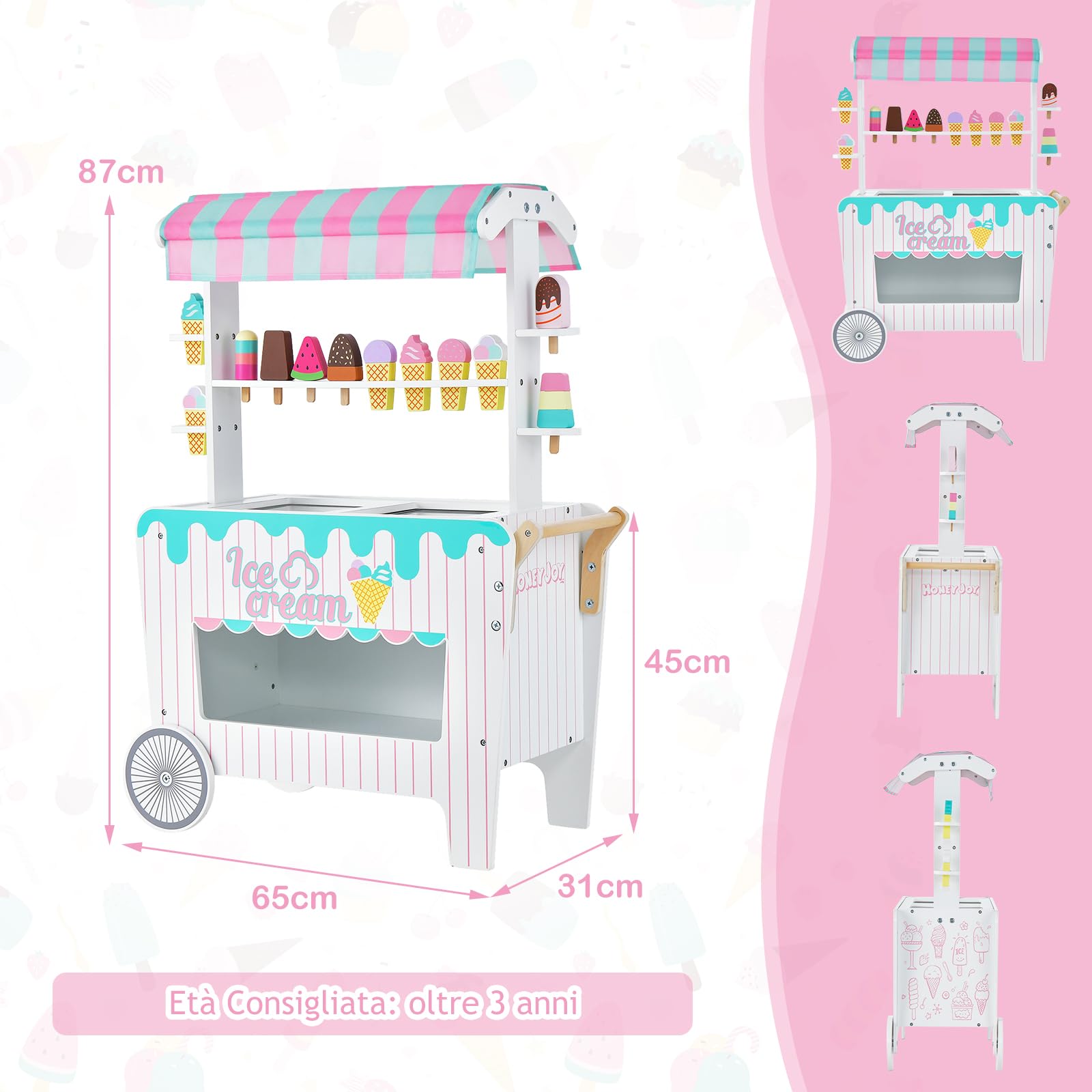 GYMAX Carrello dei Gelati per Bambini con 2 Ruote, Tettuccio Unico, Supporto per Commercianti con Ripiano Espositivo e Scomparto per il Congelatore, Giochi d'imitazione per Bambini 3 Anni+