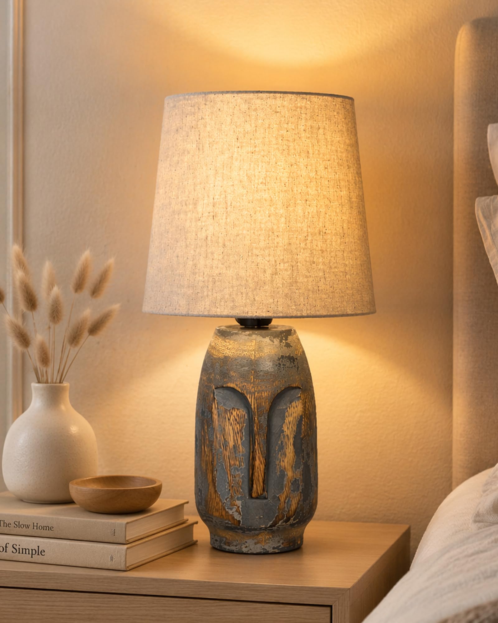 Homesake Small Incandescent Table Lamp for Bedroom Living Room Simple Retro Wood Grain Farmhouse Bedside Lamps Suitable for Nightstand,Gift,Teardrop,(Gray)-image-22