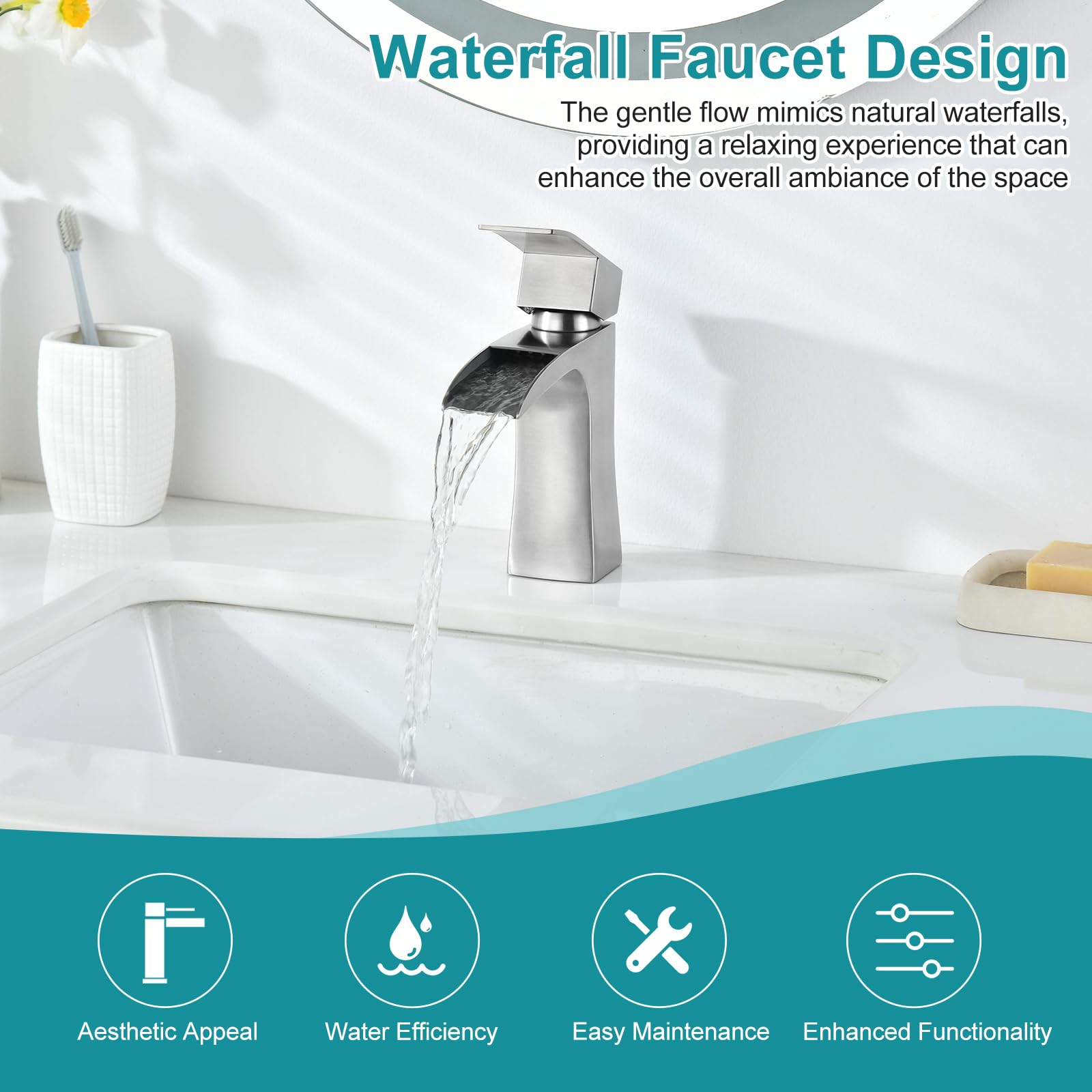 Bathroom Sink Mixer Taps, Waterfall Taps for Bathroom Sink Square Modern Cloakroom Faucet - Image 3