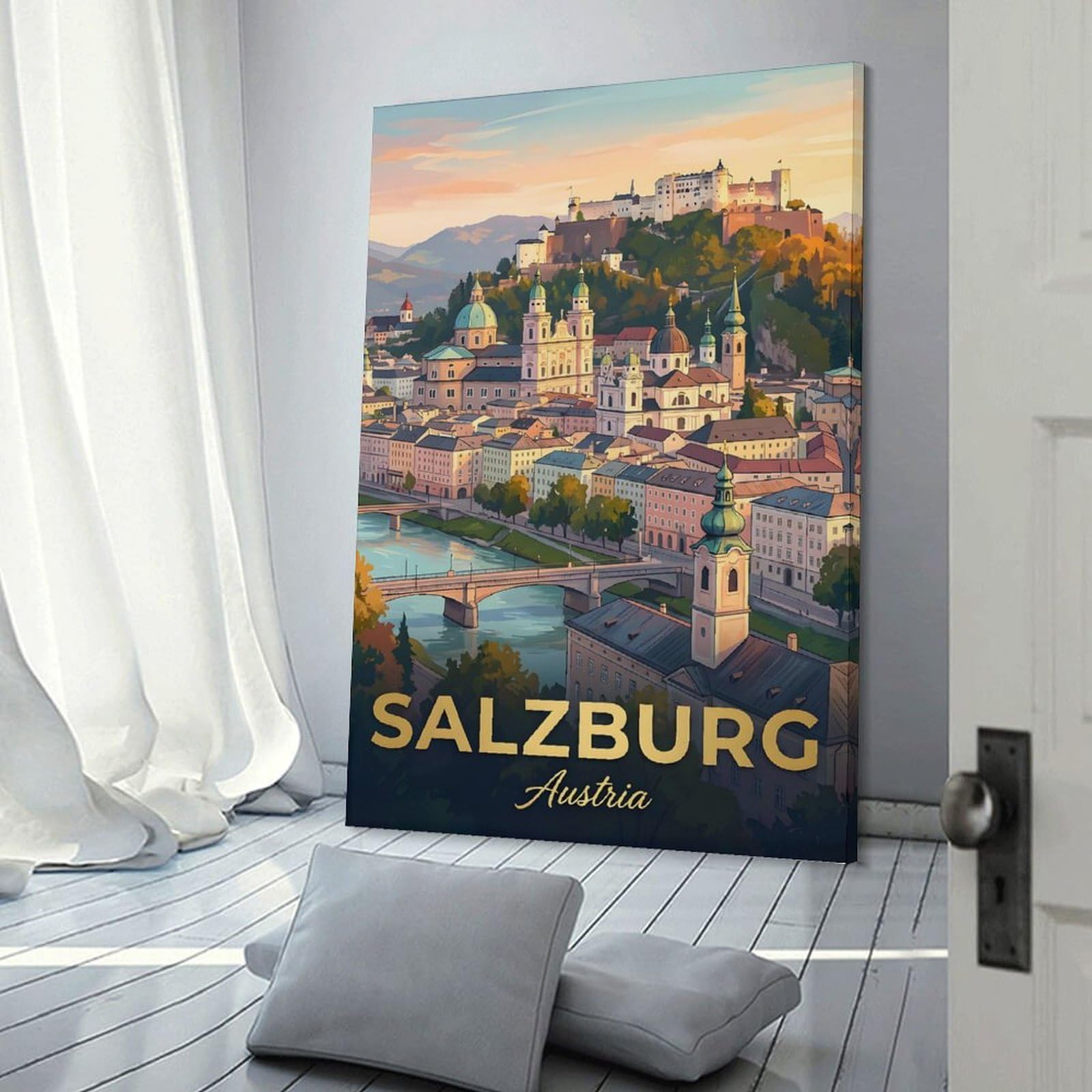 Junmoney Salzburg Austria Cityscape with Fortress Hanging Wall Art, 20x30inch(50x75cm), for Bedroom Walls, Guest Spaces Or Lounges, An Easy Wall Refresh for Bedrooms