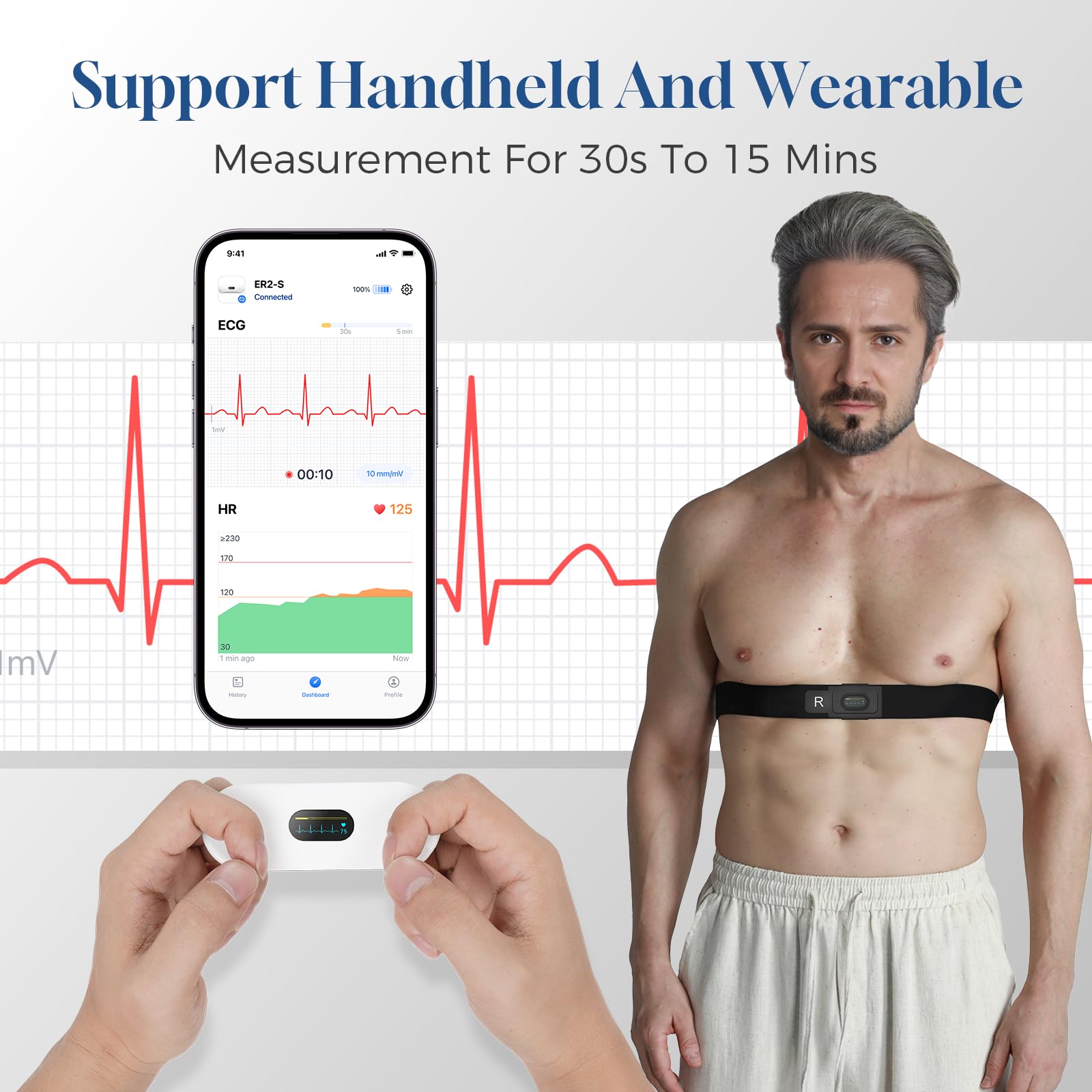 CheckMe ER2-S ECG Portatile, con Fascia Toracica, Holter Cardiaco con Schermo OLED da 0,96 Pollici, 30s - 15mins, APP Forme d'onda in Tempo Reale, Archiviazione dati Illimitata, per iOS e Android