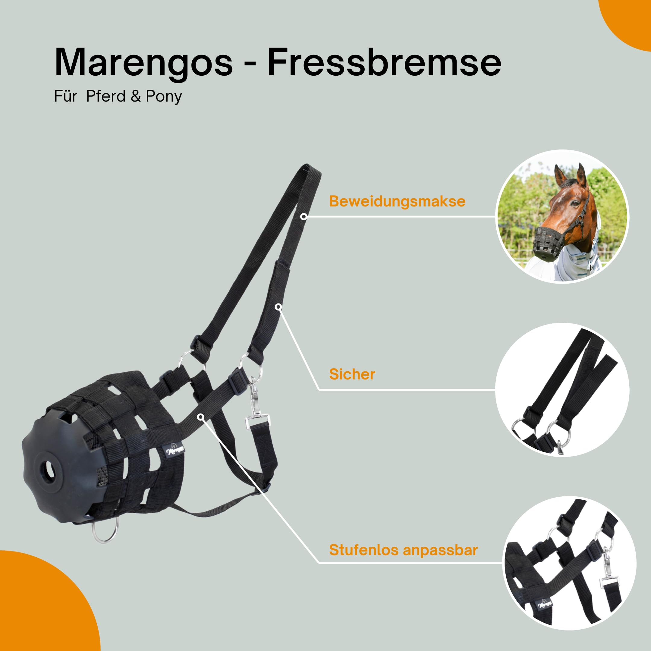 Fressbremse Pferd & Pony Maulkorb mit Fress-Schutz stufenlos einstellbar Weide-Maulkorb schwarz
