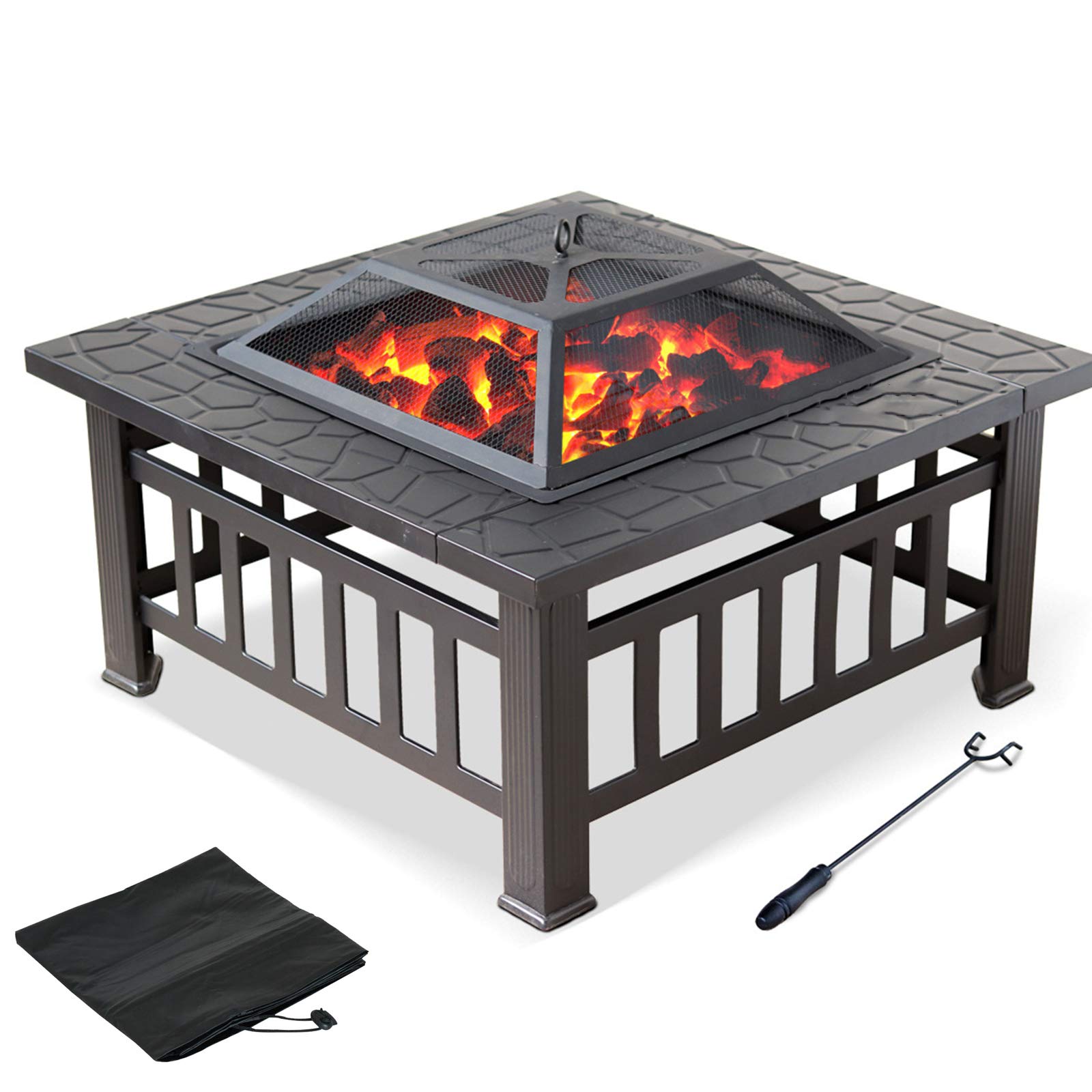 3 in 1 Fire Pit with Rain Cover, Garden Patio Bonfire, Outdoor Metal Brazier Square Table Fire Pit Heater BBQ Ice Pit