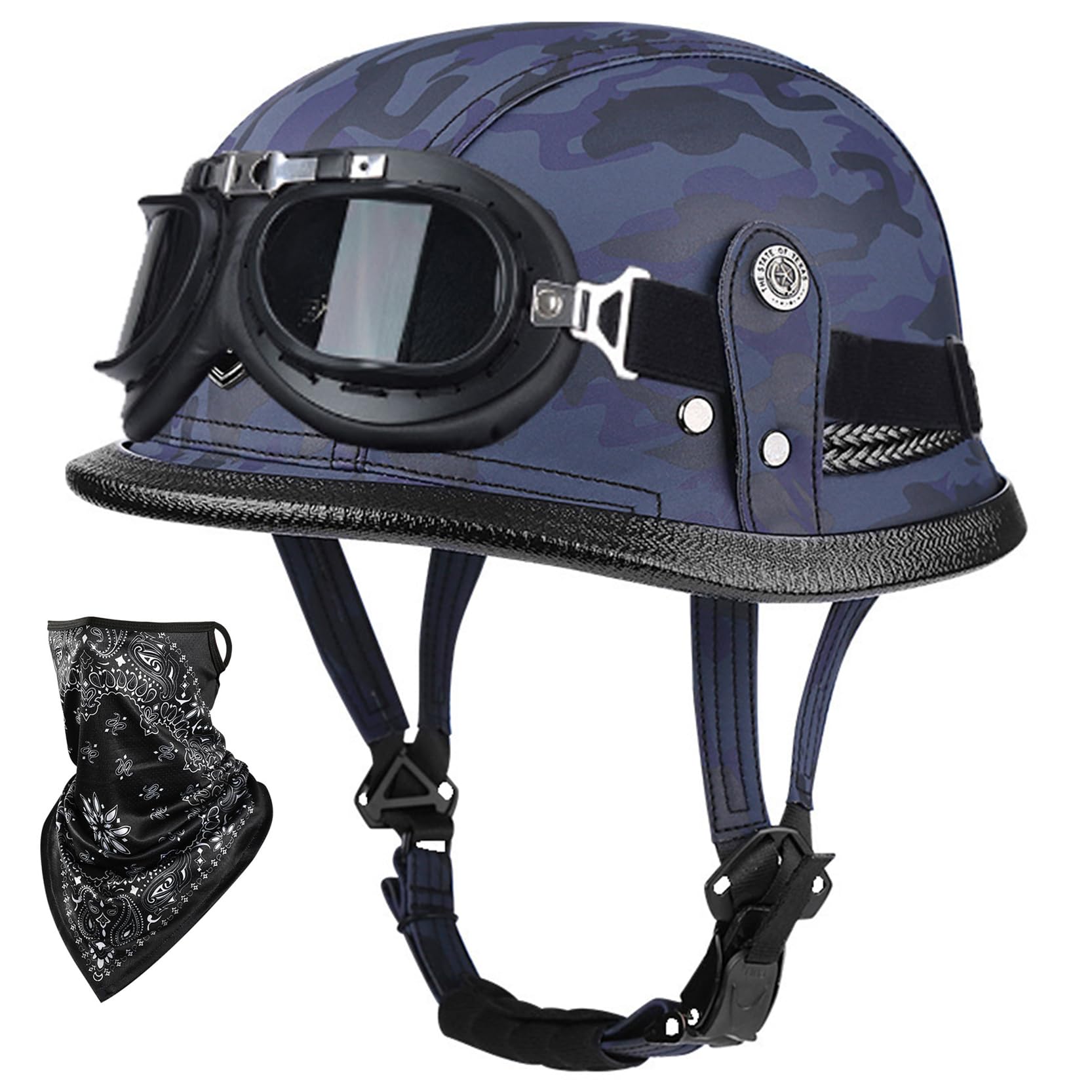 Casco de moto de cuero con gafas integradas y cierre rápido retro