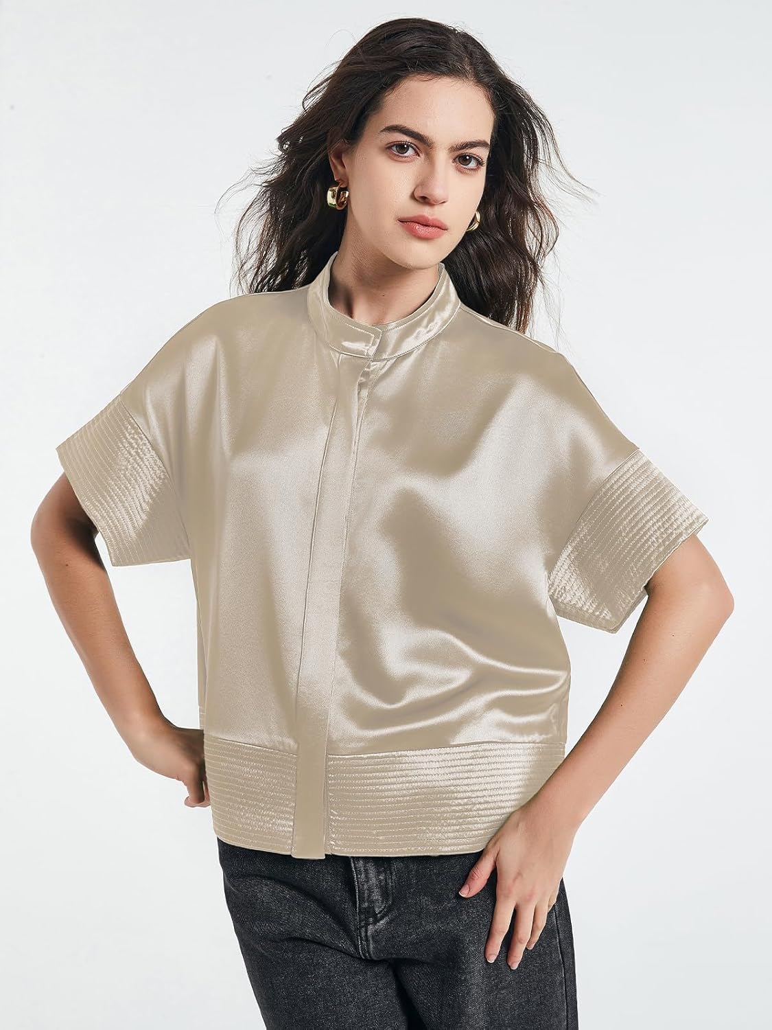 D-Sun Women's Casual Button Down Shirts Oversized Short Sleeve Stand Collar Tops Trendy Work Blouses - Image 3