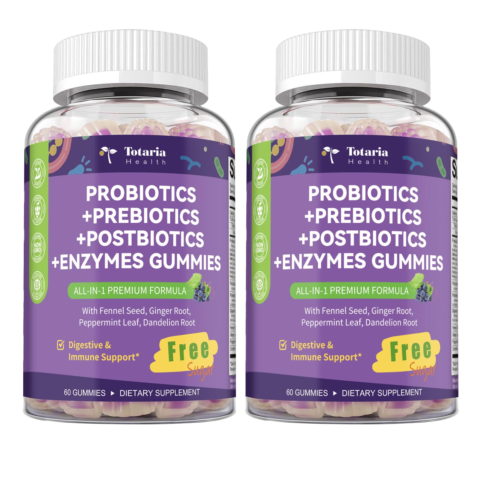Totaria 2 PCS Sugar Free 5-in-1 Probiotic Prebiotic Postbiotic Gummy, 36 Strains Probiotics for Women Men with Digestive Enzymes, Peppermint, Complete Immune, Gut & Digestive Support, Grape Flavor Grape 60 Count (Pack of 2)