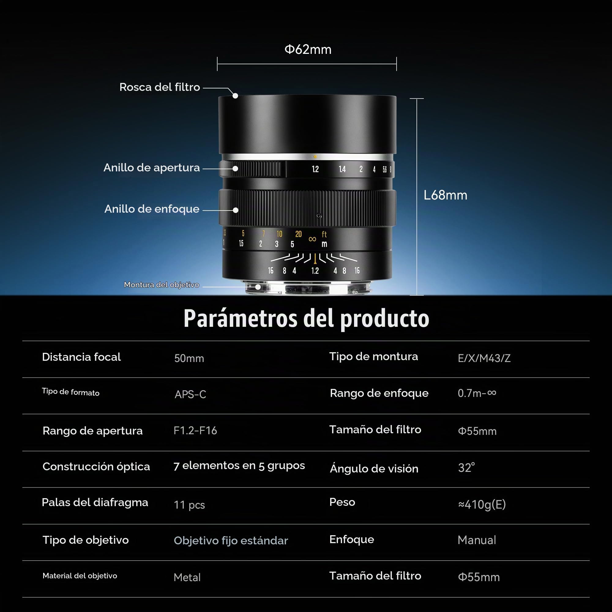 Lente Fijo 7artisans de 50 mm F1.2 APS-C 32° con Enfoque Manual y Gran Apertura, Compatible con Olympus y Panasonic MFT con Montura M4/3, Series GH/G9/GX/GF/BGH.
