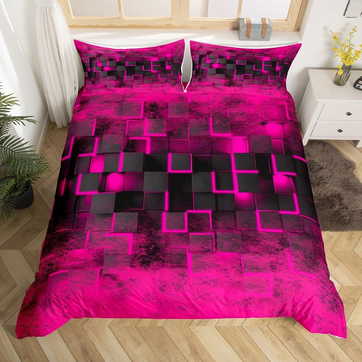 Homemissing Rose Red Bedding Set Super King Size Kids Geometric Duvet Cover Set for Boys Teens Geometric Honeycomb Duvet Cover Modern Ombre Abstract Art Duvet Cover with 2 Pillowcases Plaid Bed Sets โ image 1