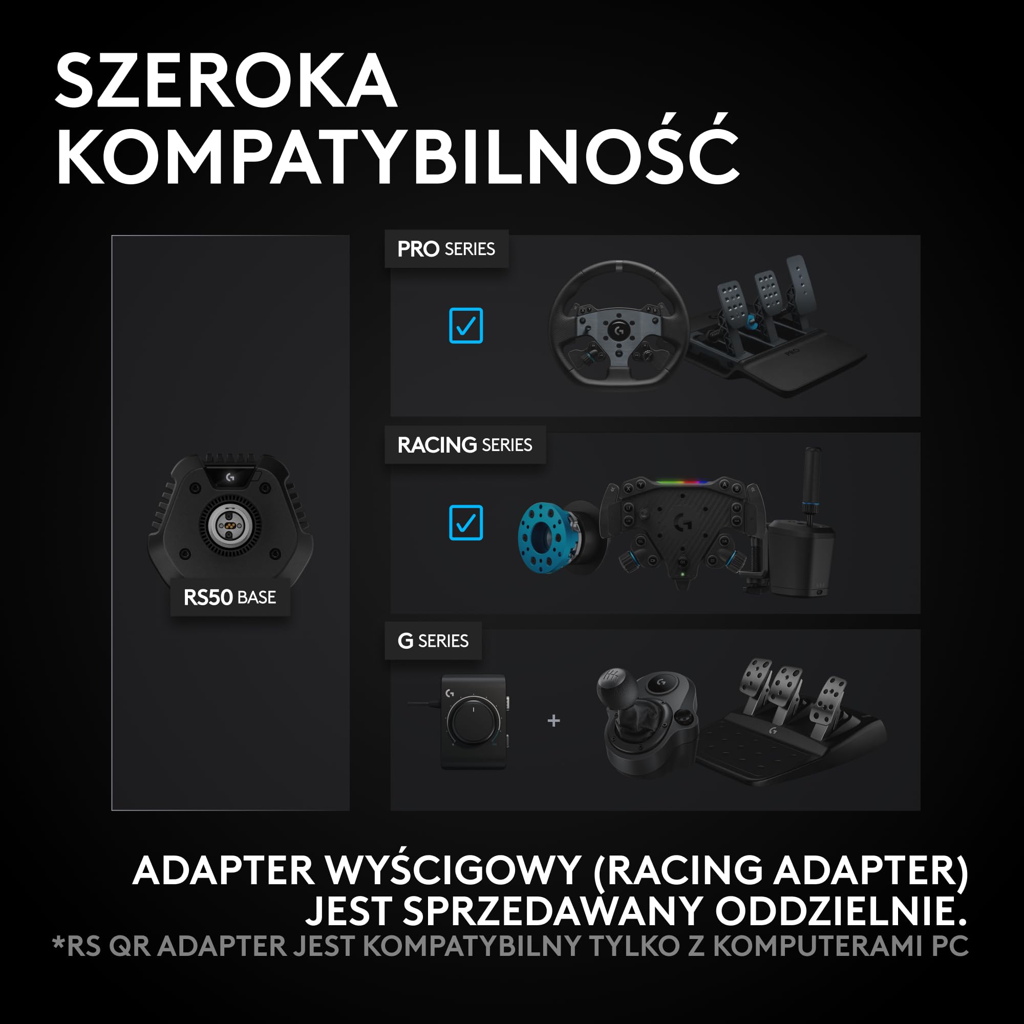 Logitech G RS50 System, 3-szt zestaw do symulatorów wyścigów | Baza RS50 direct drive 8Nm, RS Wheel Hub, 13 przycisków, kierownica RS Round Wheel 28 cm – PS5/PS4/PC - Czarny