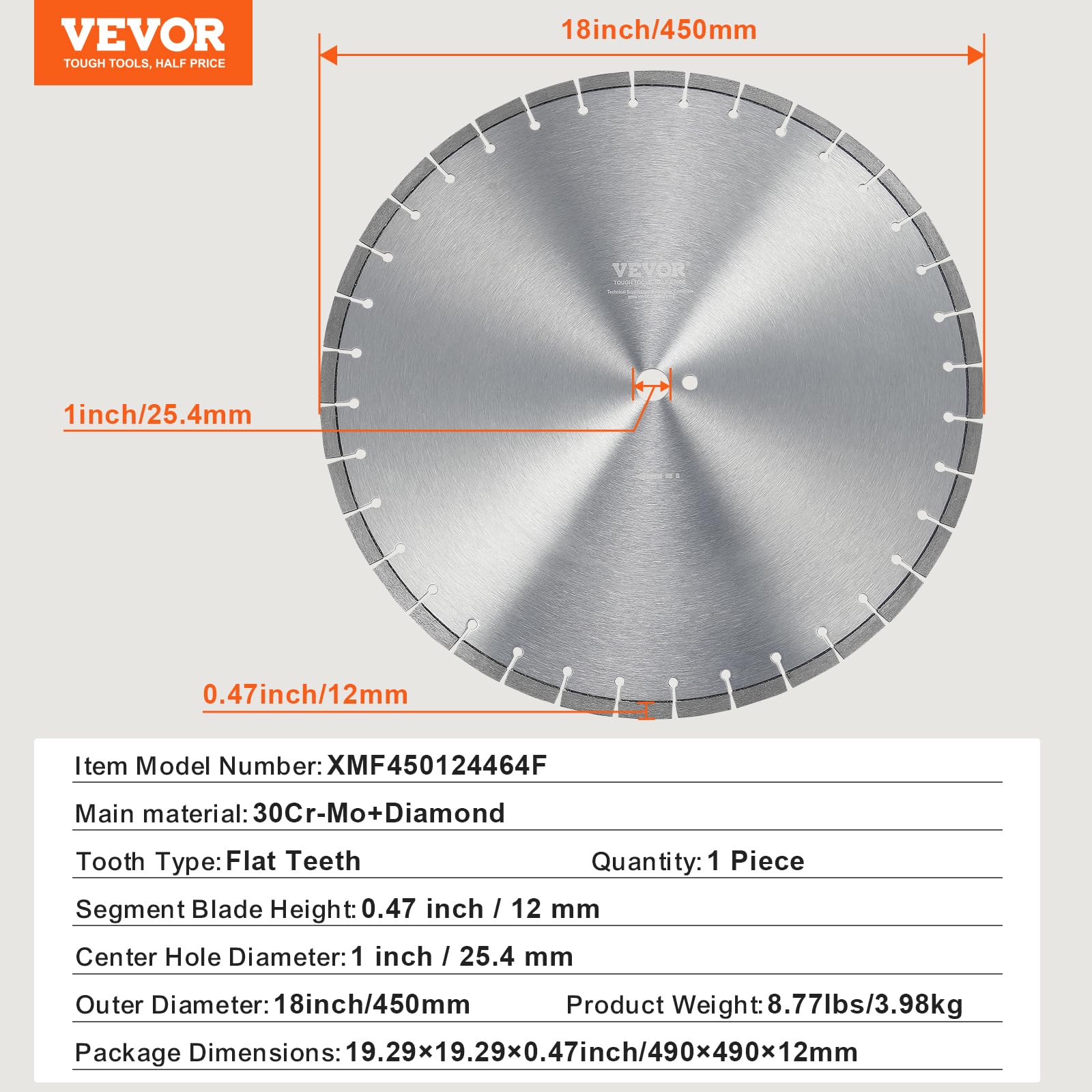 VEVOR Lama per troncatrice diamantata per calcestruzzo da 45 cm lavori a secco o a umido, Lama per troncatrice a segmenti diamantati da 12 mm con denti piatti, diametro del foro centrale 25,4 mm