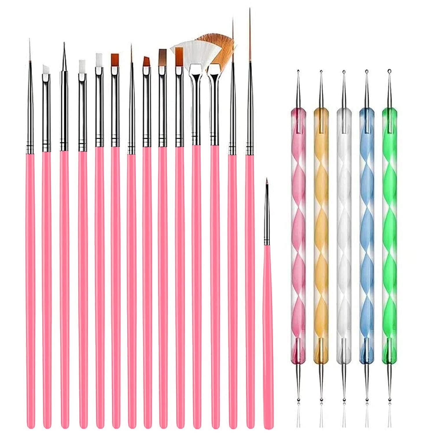 THR3E STROKES 20 pcs Nail Art Brushes, Nail Art Design Painting and Drawing UV Polish Brush Tool Kit, 15 pcs Nail Art Brushes Kit with 5 pcs Nail Dotting Pens, Multicolored 15 PCS BRUSH + 5PCS DOTTING TOOLS)