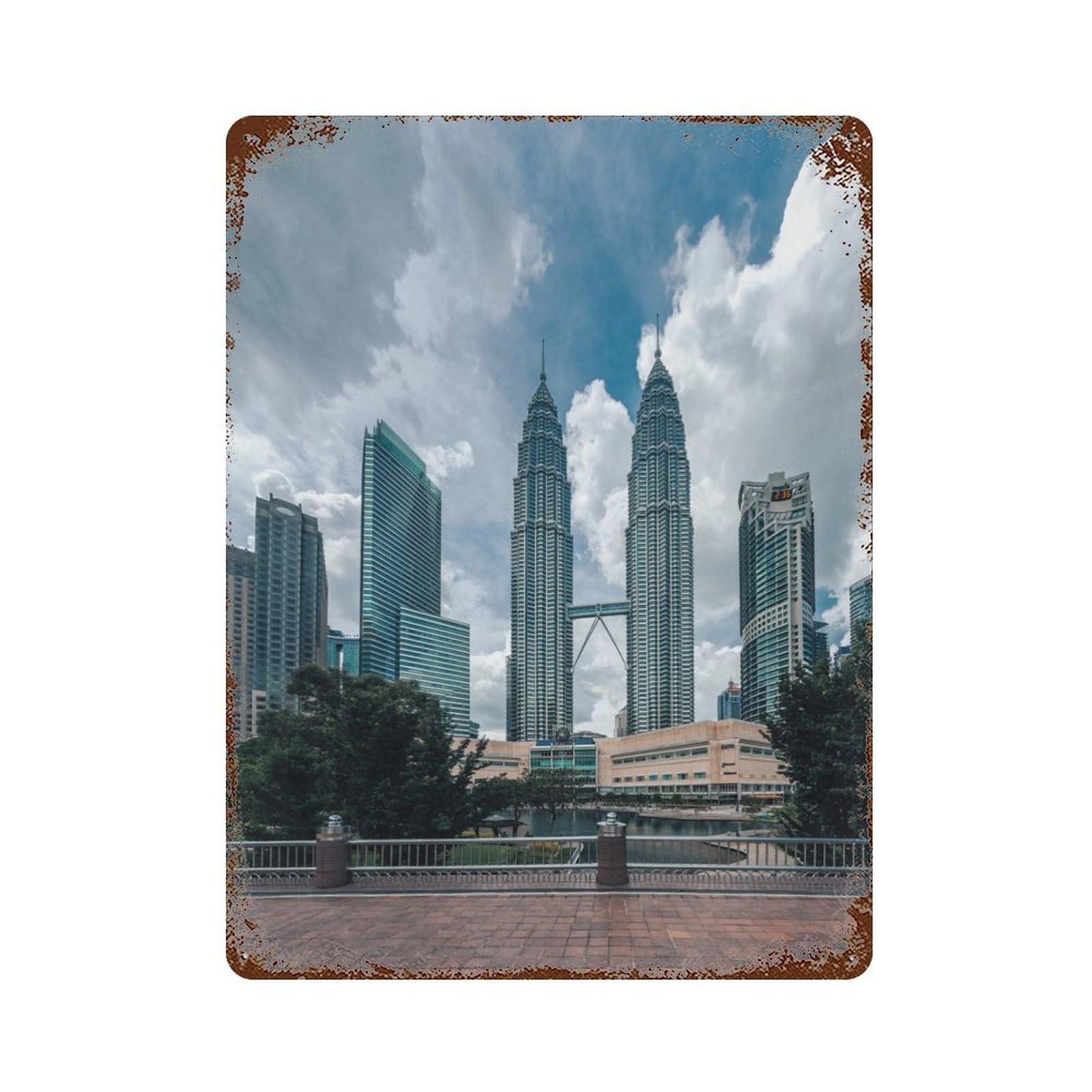 Garage Style Petronas Towers Rust Effect Tin Sign 15.7"x11.8", Industrial Home Decor for Bar And Workshop