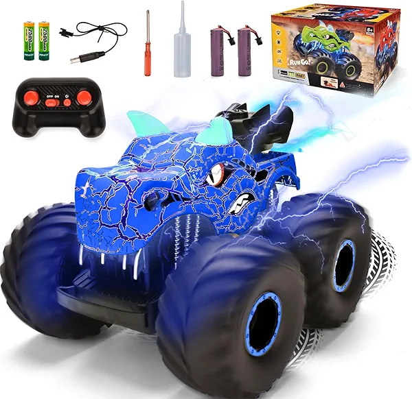 Onadrive Remote Control Monster Truck - 2.4GHz Dinosaur RC Car Toys for 3-8 Years Old Boys Kids, All Terrain Truck Off Road with Spray Water, Light, Rechargeable Battery, Christmas Birthday Gifts