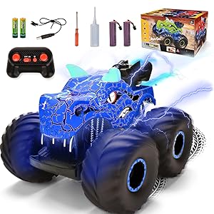 Onadrive Remote Control Monster Truck - 2.4GHz Dinosaur RC Car Toys for 3-8 Years Old Boys Kids, All Terrain Truck Off Road with Spray Water, Light, Rechargeable Battery, Christmas Birthday Gifts