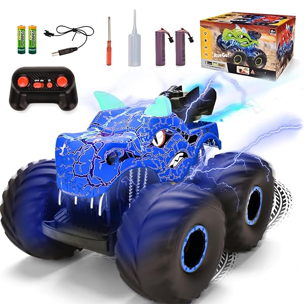 Onadrive Remote Control Monster Truck - 2.4GHz Dinosaur RC Car Toys for 3-8 Years Old Boys Kids, All Terrain Truck Off Road with Spray Water, Light, Rechargeable Battery, Christmas Birthday Gifts
