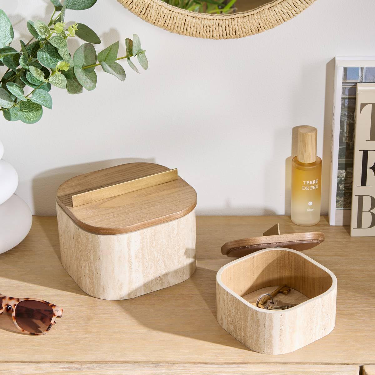 Atmosphera - Lot de 2 boîtes déco anaya l14/18cm beige