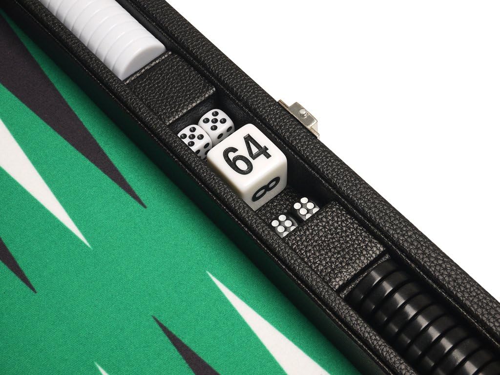 13-inch Premium Backgammon Set - Travel Size - Black Board, Green Playing Surface, Black and White Points