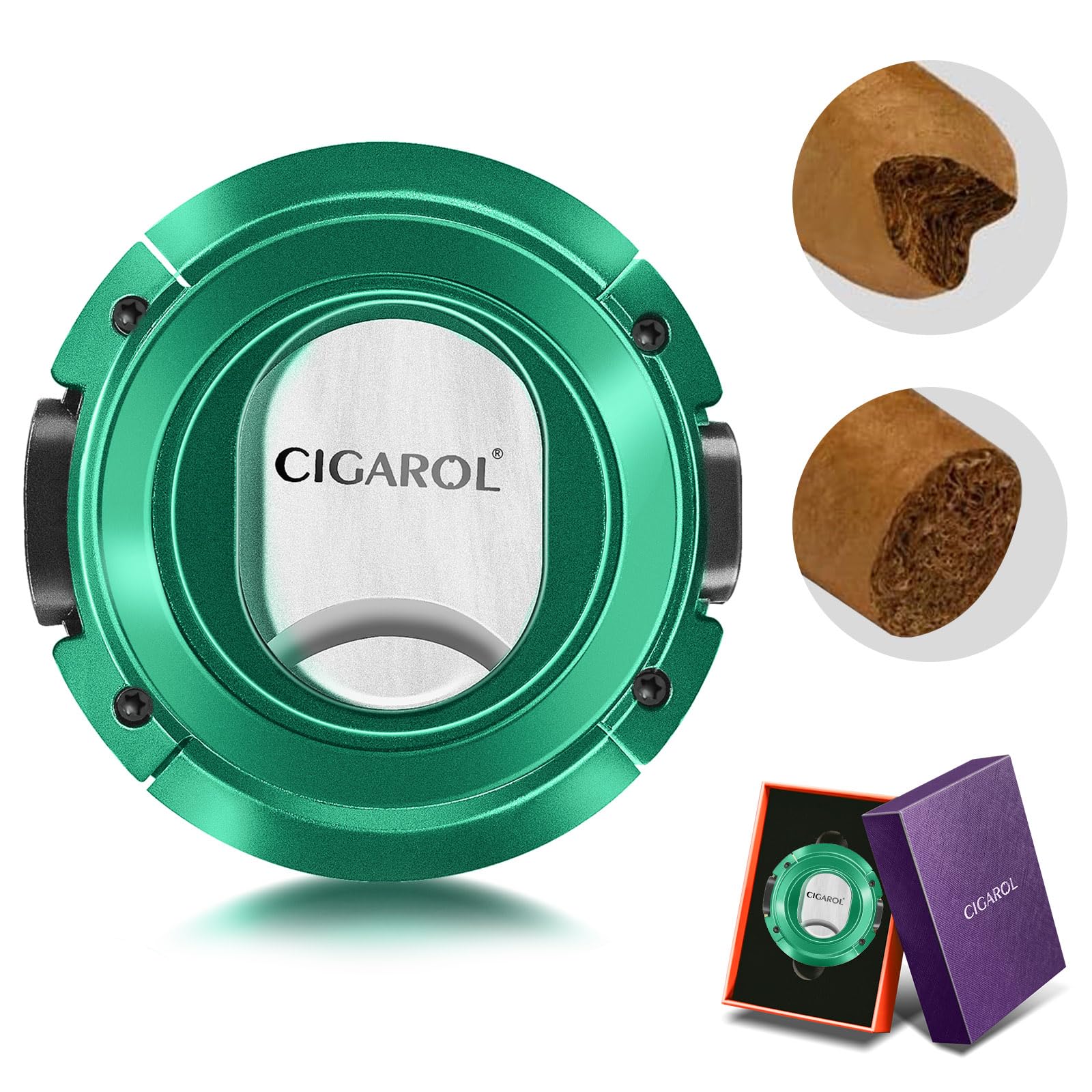 CIGAROL Cigar Cutter, Dual Blades - V-Cut & Straight Cut with Gift Box, Stainless Steel Guillotine Cutter for Most Cuban Cigar Sizes Portable Travel Size One-Handed Use Cigar Accessories (Green)