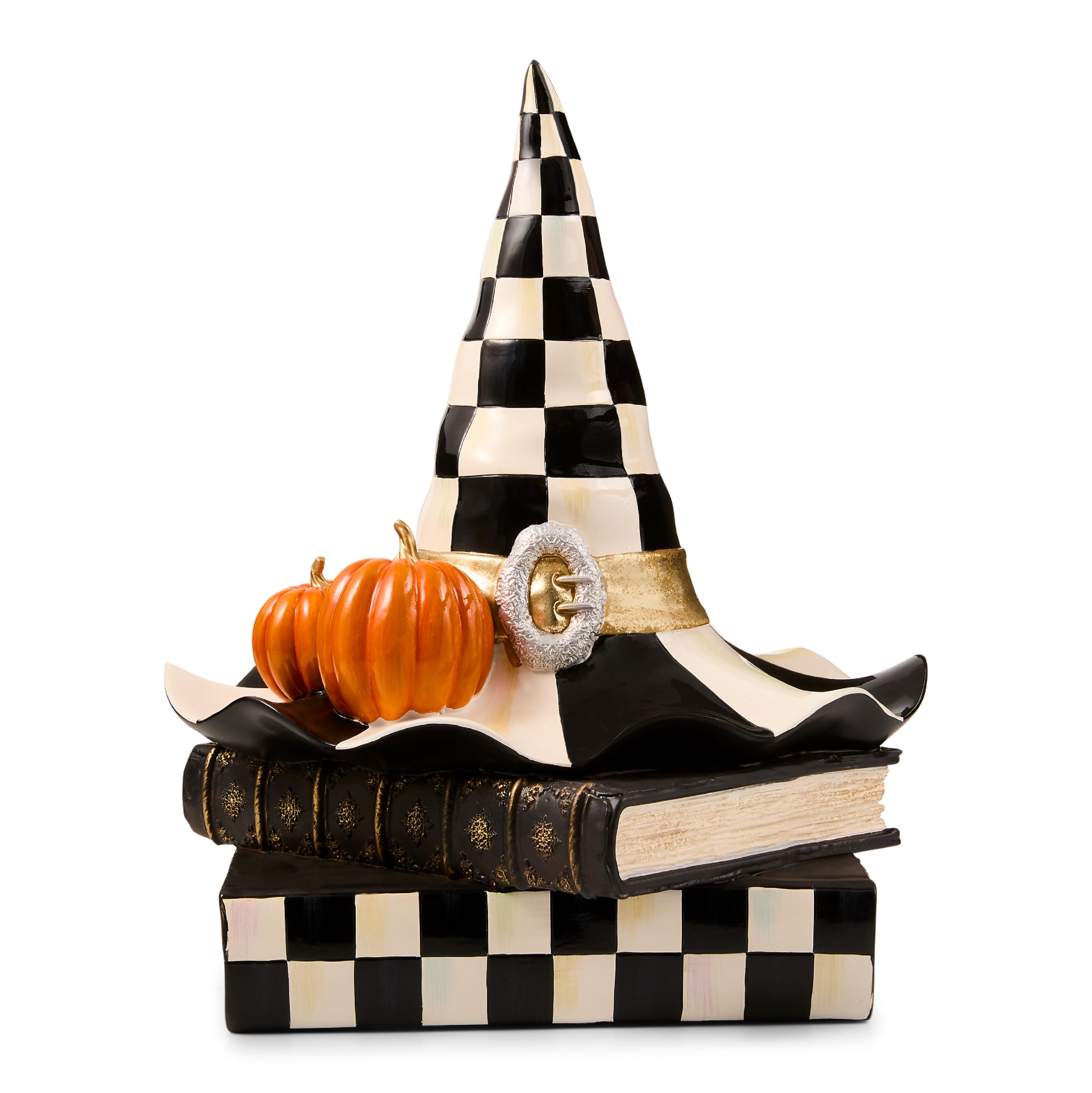 MACKENZIE-CHILDS Resin Witch Hat on Books, Black-and-White Courtly Check
