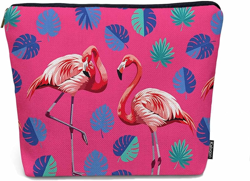 Necessaire de maquiagem Kalygon Flamingo com folhas tropicais e zíper, 1 unidade