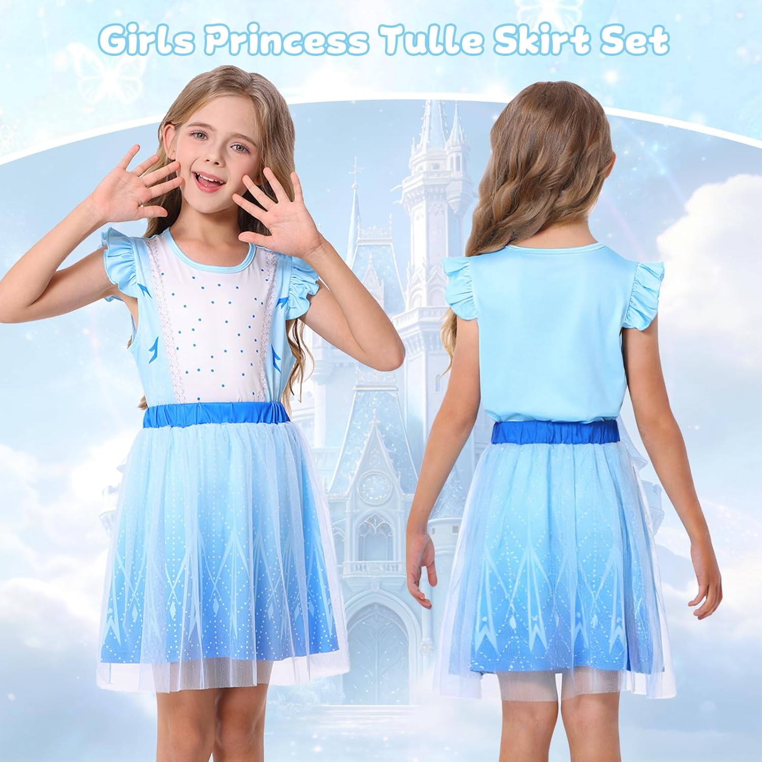 COTRIO Girls Tulle Skirt Set Princess Dress Toddler Birthday Outfit Two Piece Ruffle Sleeve T-Shirt Tutu Dress Kids Clothes - Image 2