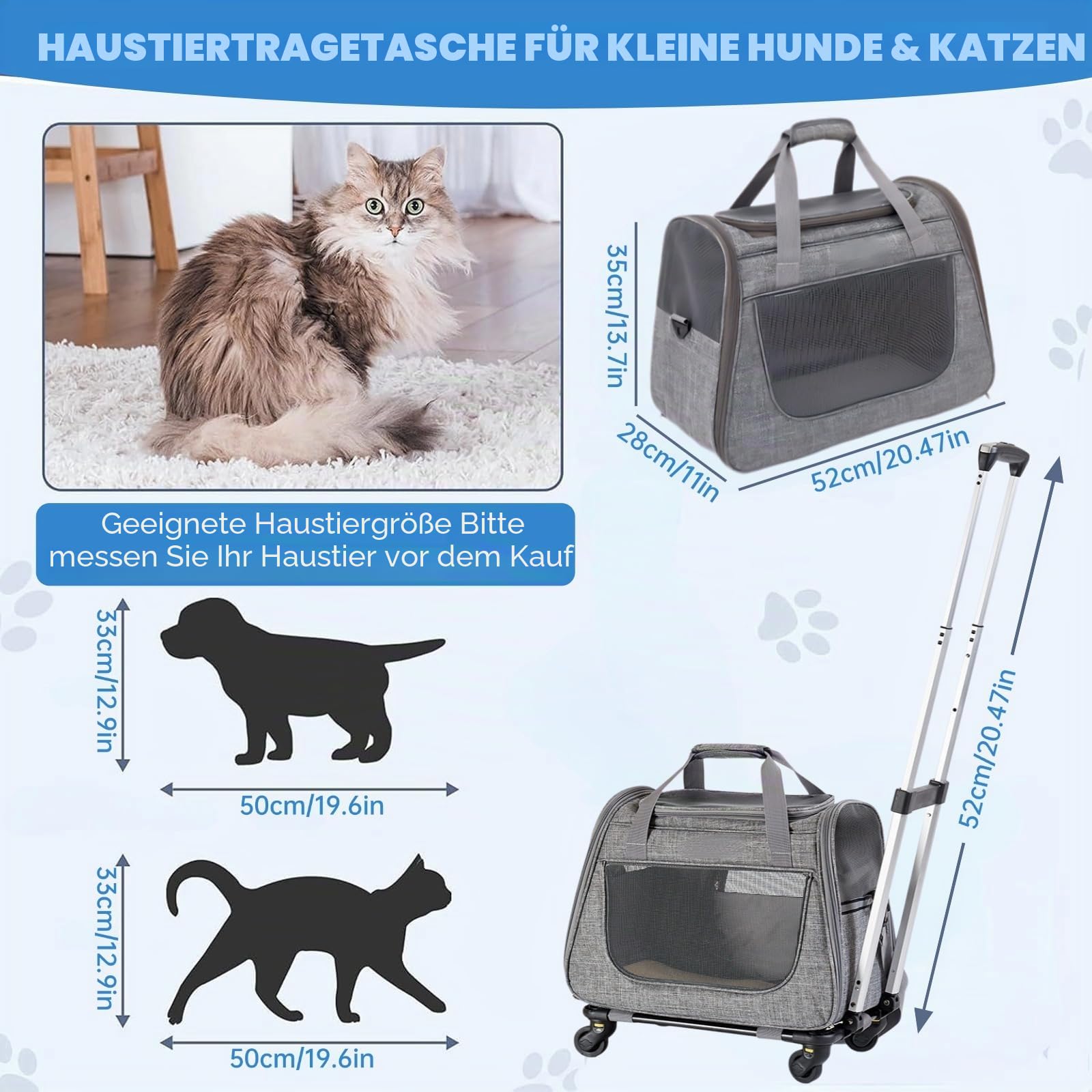 Katzentragetasche Transporttasche mit Rollen 2 in 1 Trolley Haustier Reisetasche für Katze