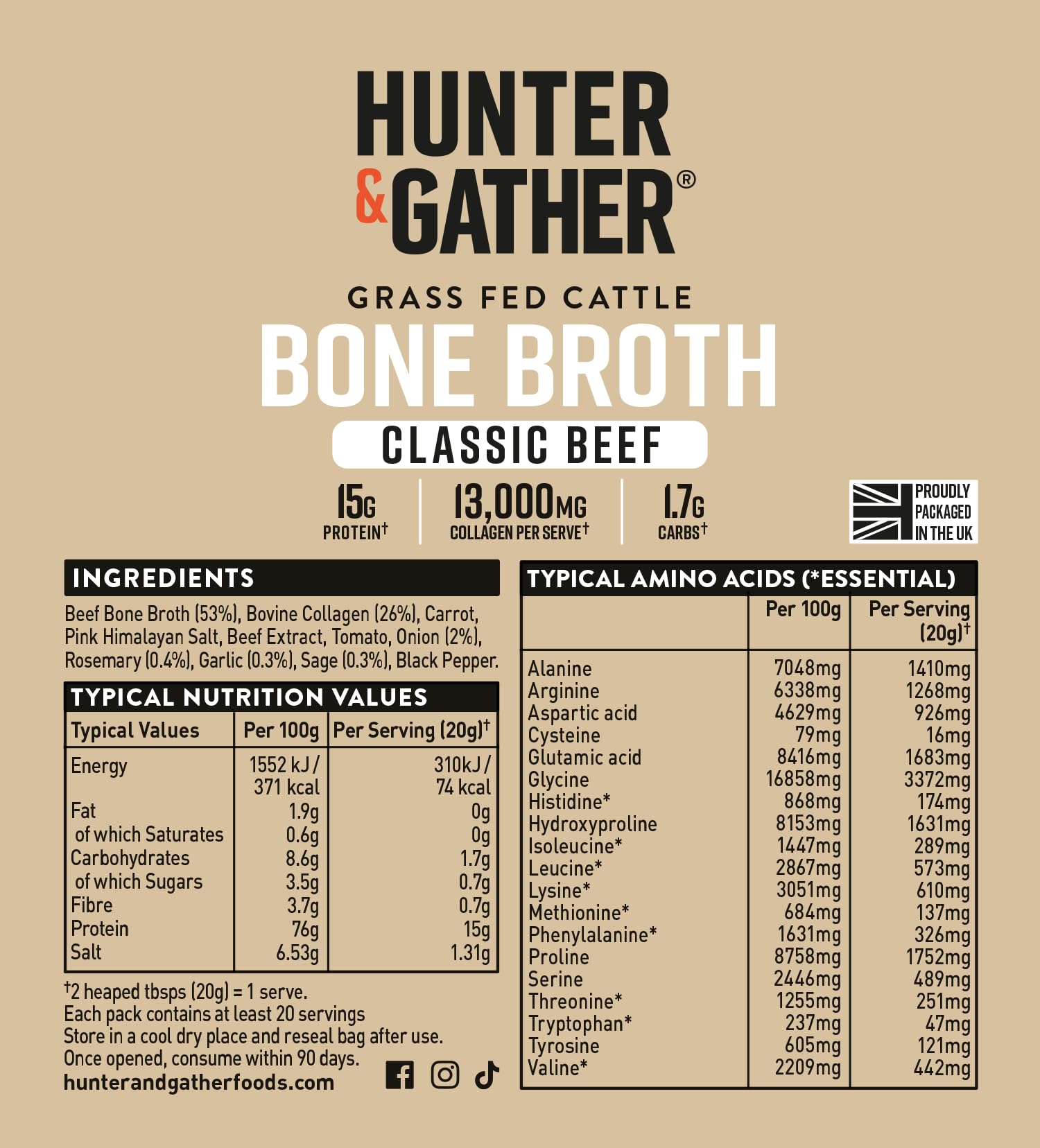 Hunter & Gather Brodo di Ossa di Manzo in Polvere 400g | 15g di Proteine & Collagene da Bovini Europei Nutriti a Erba | Istantaneo, Senza Glutine | Non Serve Refrigerazione | 74 kcal/porzione