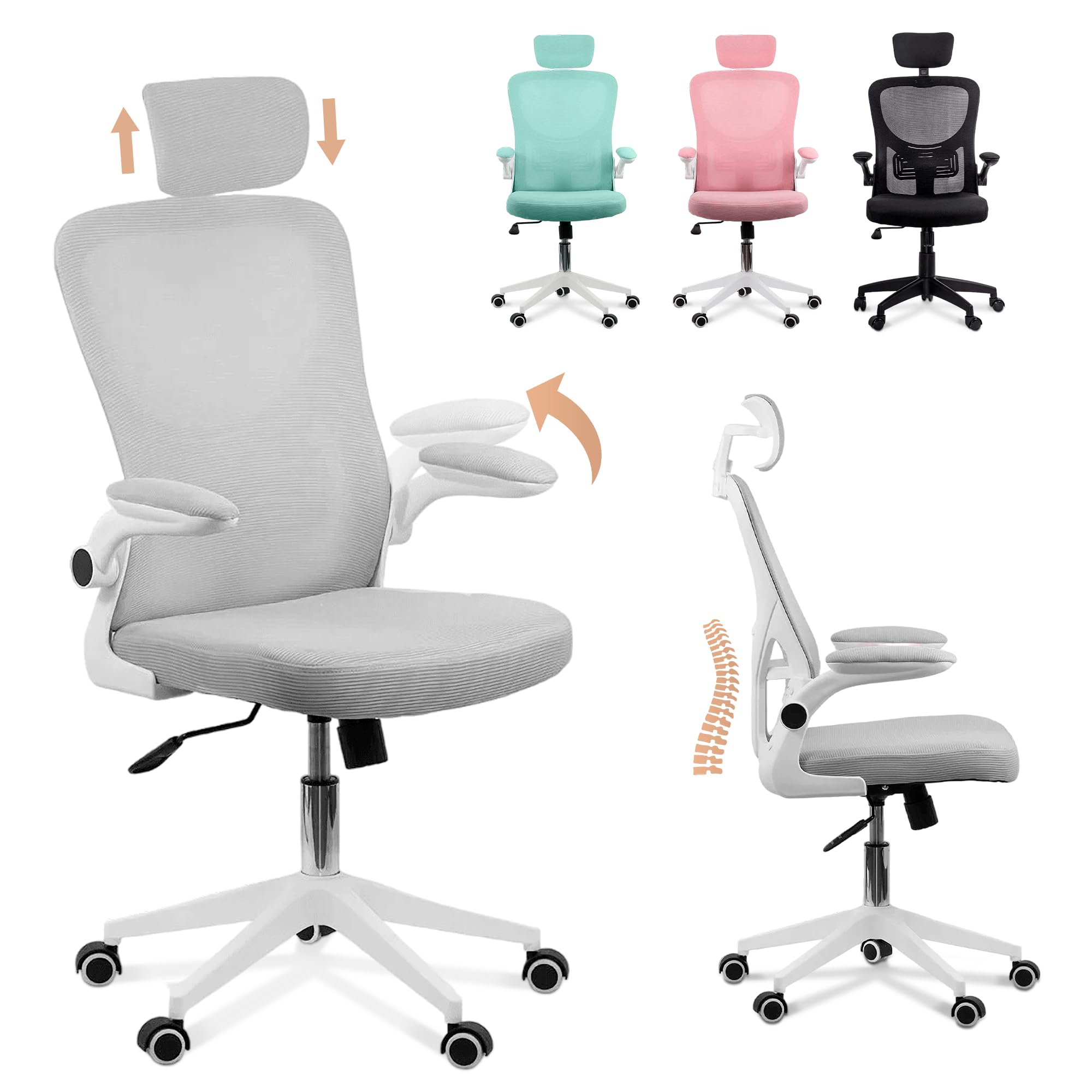 Silla Escritorio Ergonomica - Silla oficina Ajustable y Reclinable con Soporte Lumbar, Reposacabezas Ajustable, Plegables, Malla Transpirable, Ruedas Giratorias 360° Soporta hasta 120kg - Gris