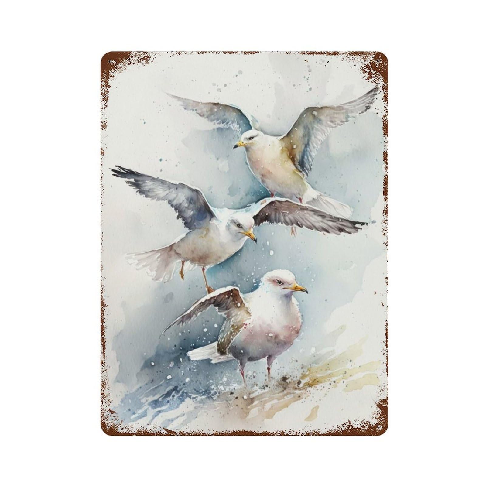 Watercolor Seagulls Rusty Metal Tin Sign 15.7"x11.8", Ideal for Farmhouse, Kitchen And Entryway Decor