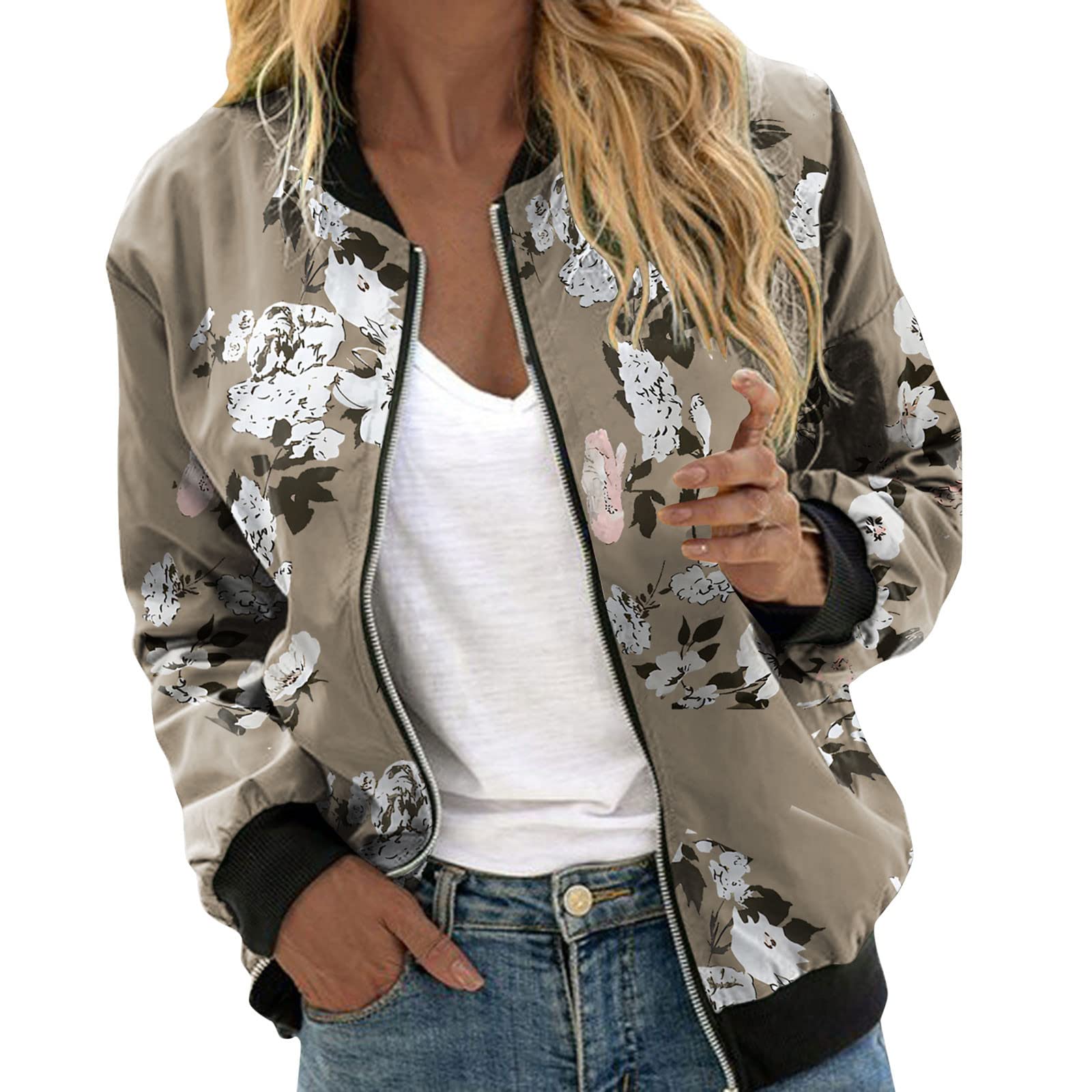Veste Femme Mi Saison Vestes Imprimé pour Femmes Chic Motard Blouson Printemps Été Léger Bomber Blouson Légère Manteau Col Montant VêTements De Sport Outwear Décontractées ZippéE
