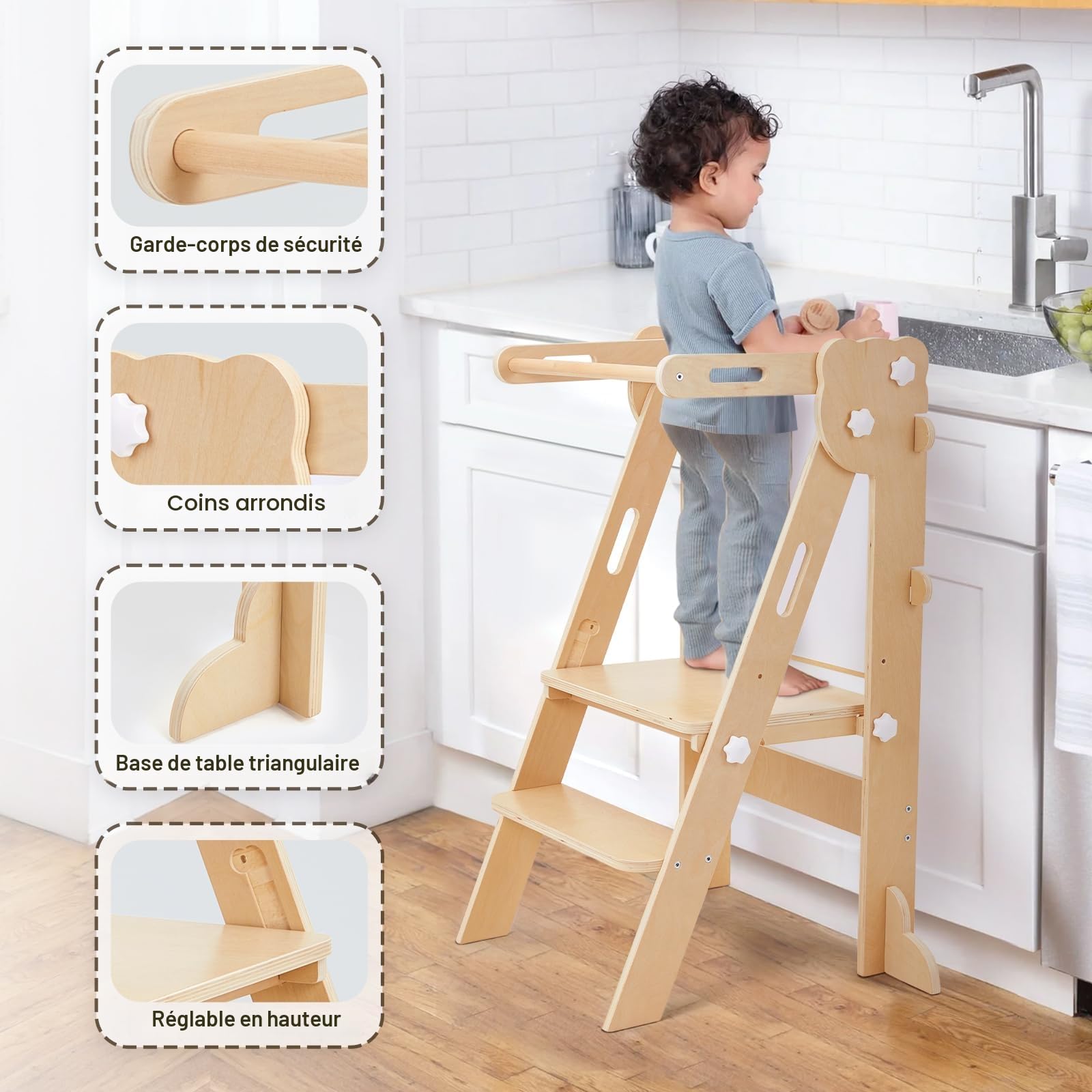 Labebe Tour d'apprentissage pour Enfants, 3 en 1 Montessori Pliable Tour d Observation, Multifonctionnelle Réglable Tour d'apprentissage avec Tableau Double Face à partir de 1 an (Bois)