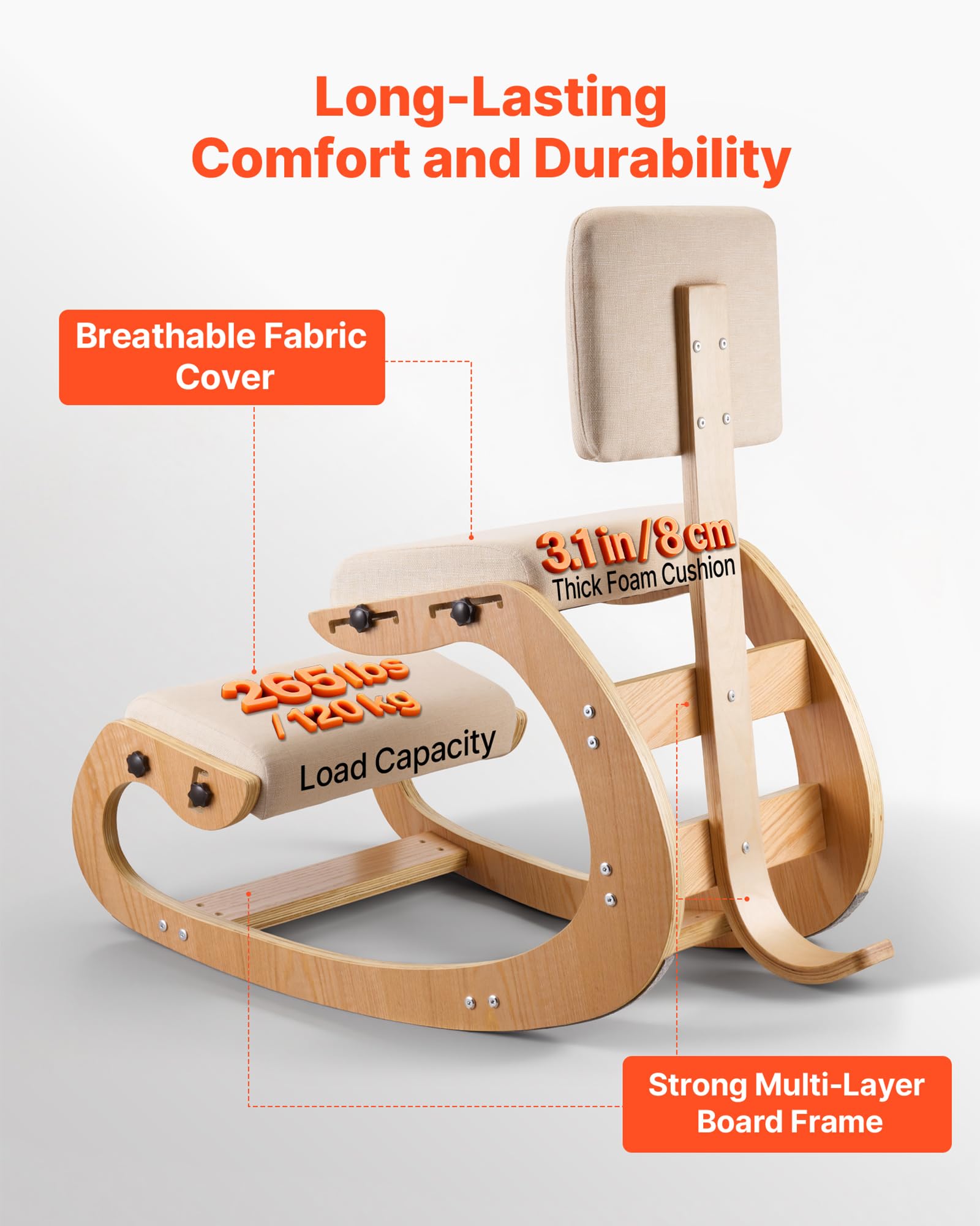 VEVOR Silla Ergonómica de Rodillas con Respaldo, Taburete para Rodillas Estructura de Madera, Cojines de Espuma Gruesa Ajustables, Carga de 120 kg, Relajación de Cuello y Espalda para Hogar, Oficina