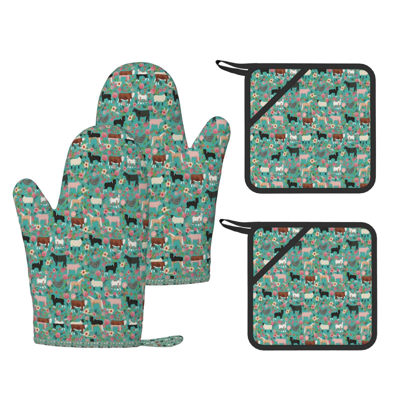 Ensemble de Quatre Gants et maniques résistants à la Chaleur, Gants de Cuisine antidérapants, Gants de Four, Gants pour Animaux de la Ferme (Vaches, Moutons, chèvres).
