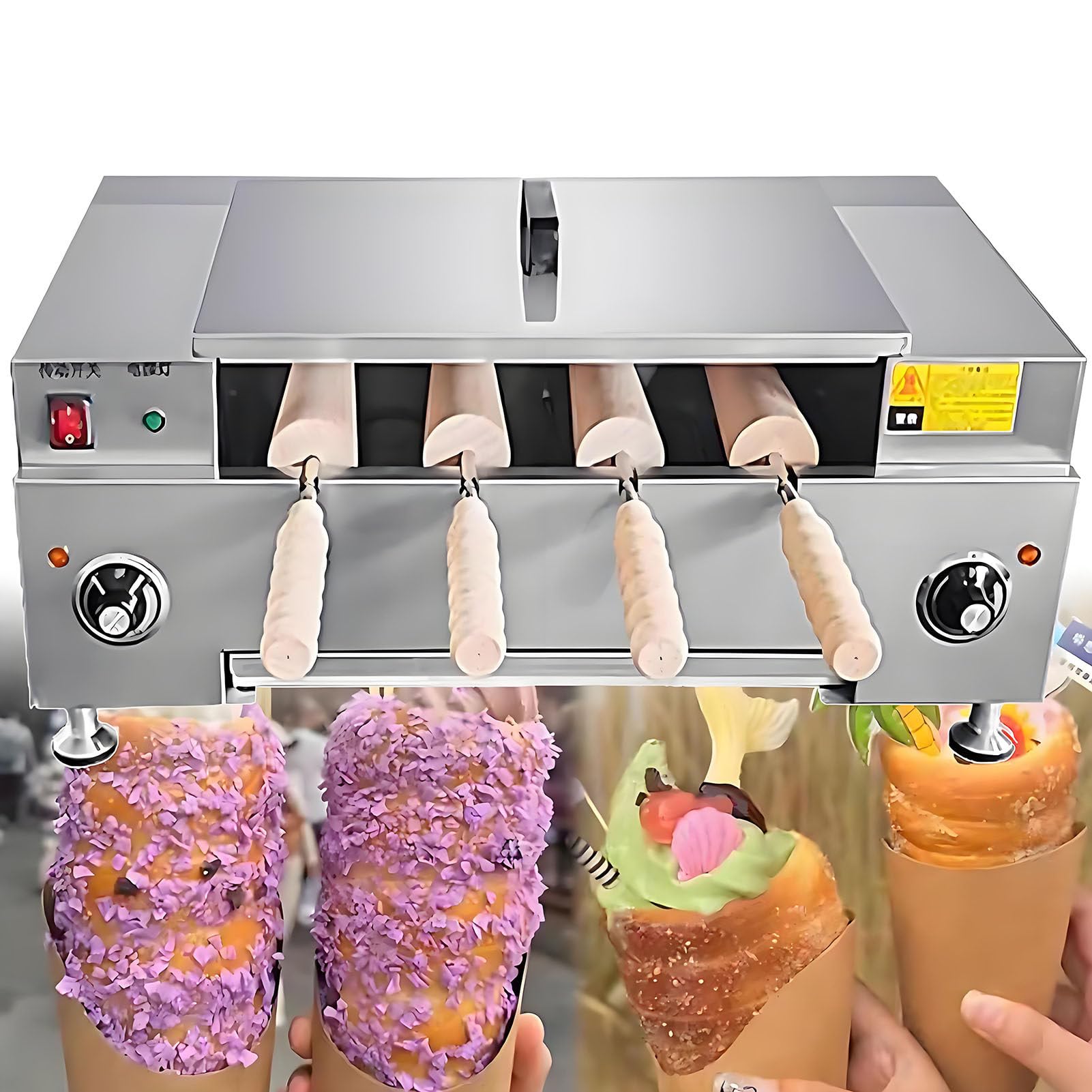 SHENGSHIYU Ice Cream Cone Grill Maker,Commercial Chimney Cake Roll Oven Maker,Chimney Bread Cake Oven,3000w Chimney Toaster Machine with 4 Rollers,360° Rotation,Mechanical Temp Control 50-300℃