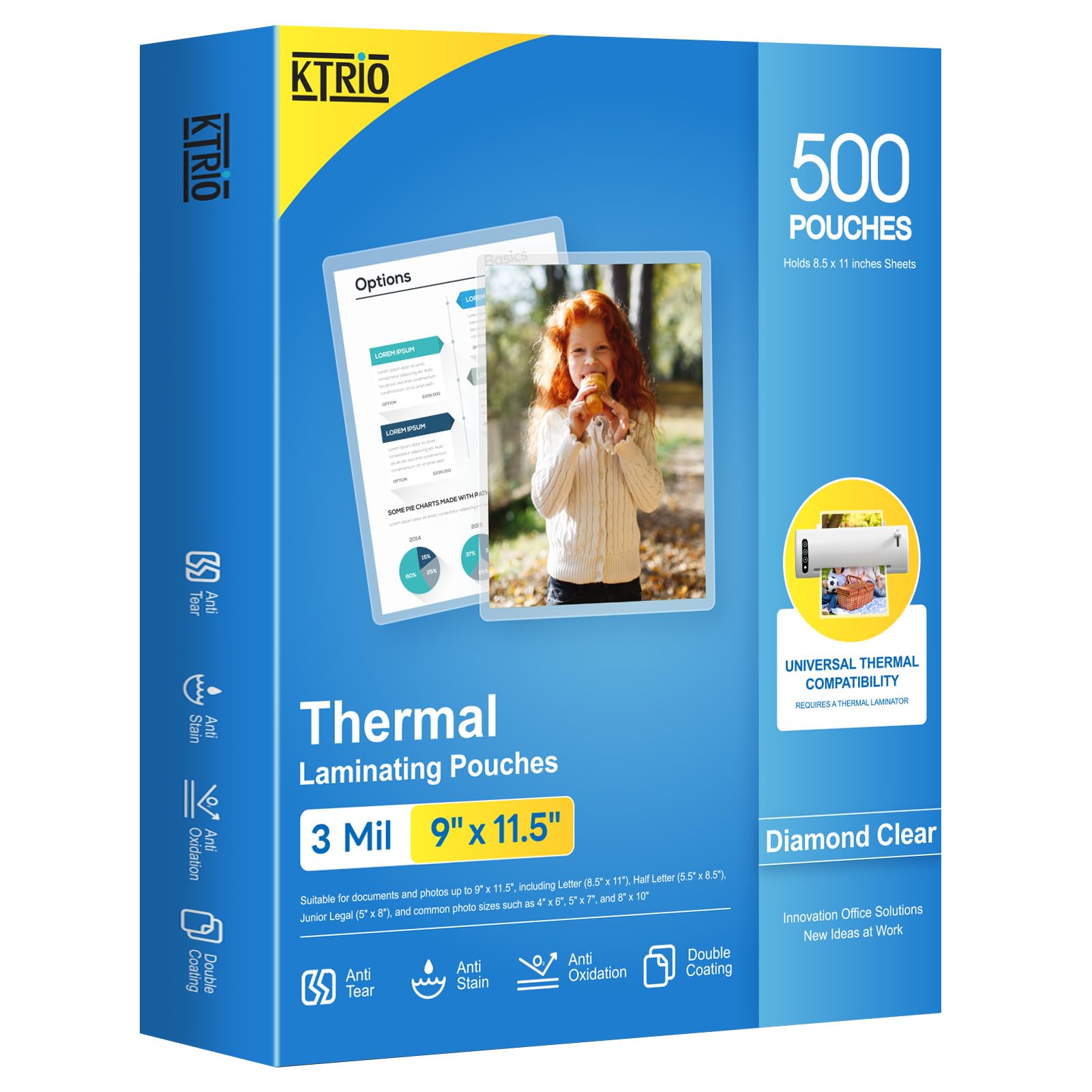 KTRIO Laminating Sheets, Hold 8.5 x 11 inches Sheets, 500 Pack, 3 Mil Clear Thermal Laminate Pouches for Laminator, 9 x 11.5 inch Lamination Paper for School, Home & Office