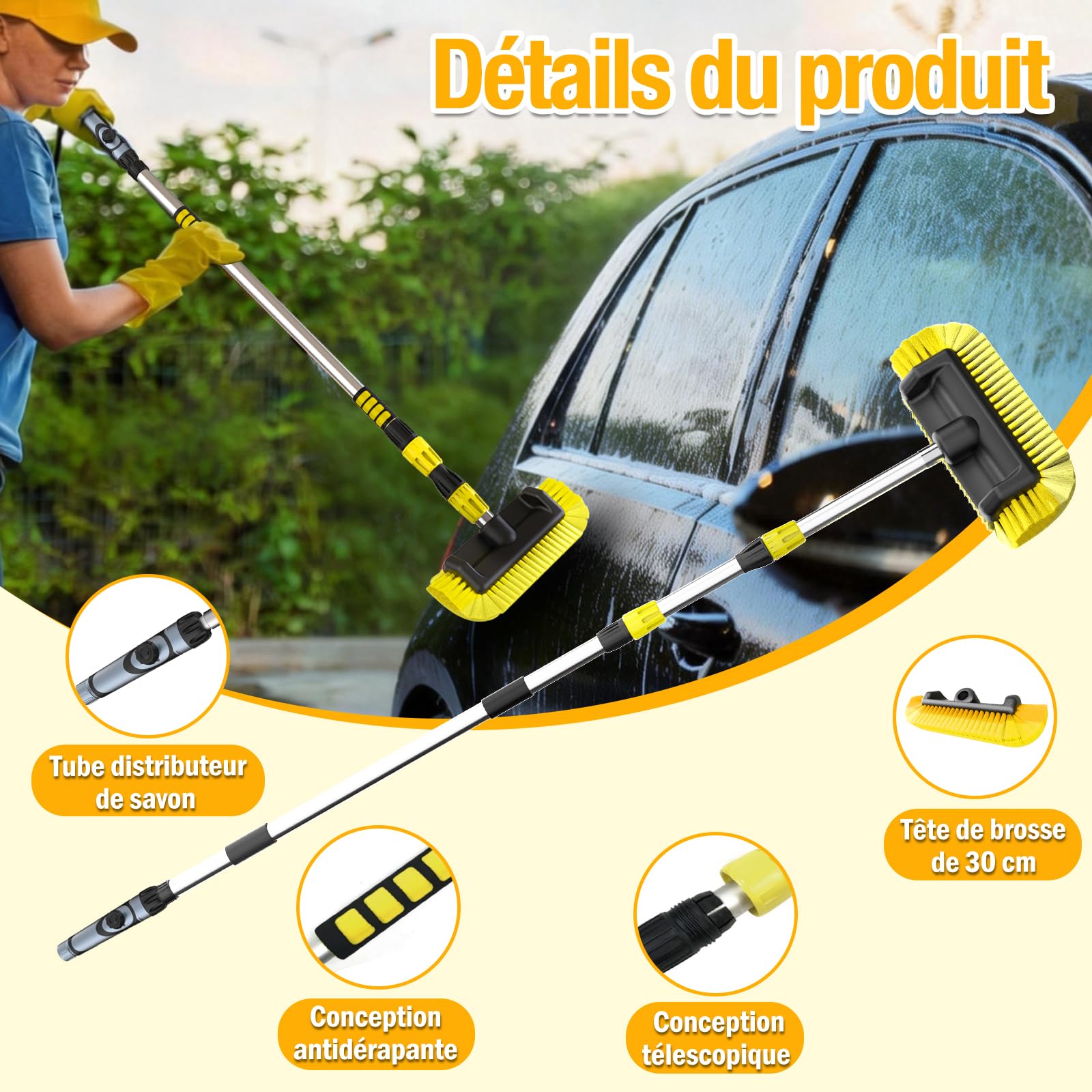LAANPOLE Brosse Lavage Voiture 3,6m, Brosse Nettoyage Voiture avec Poils Doux 30cm Et Distributeur De Savon, Balai Nettoyage Voiture avec Perche Télescopique pour Camping-Car, Camion, Bateau, Jaune