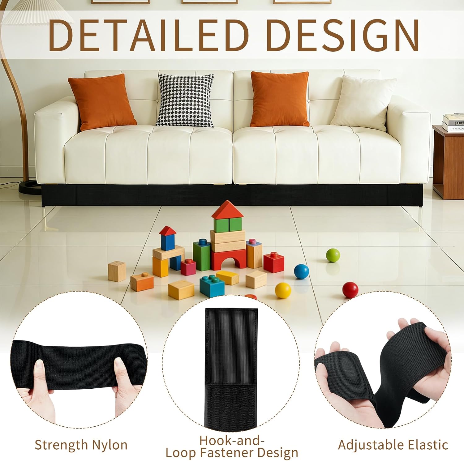 2 Pack Under Couch Blocker, 123'' L Adjustable Elastic Nylon Strap Barrier to Stop Items from Going Under Sofa, Furniture Blocker Bumper for Bedroom, Living Room, Black