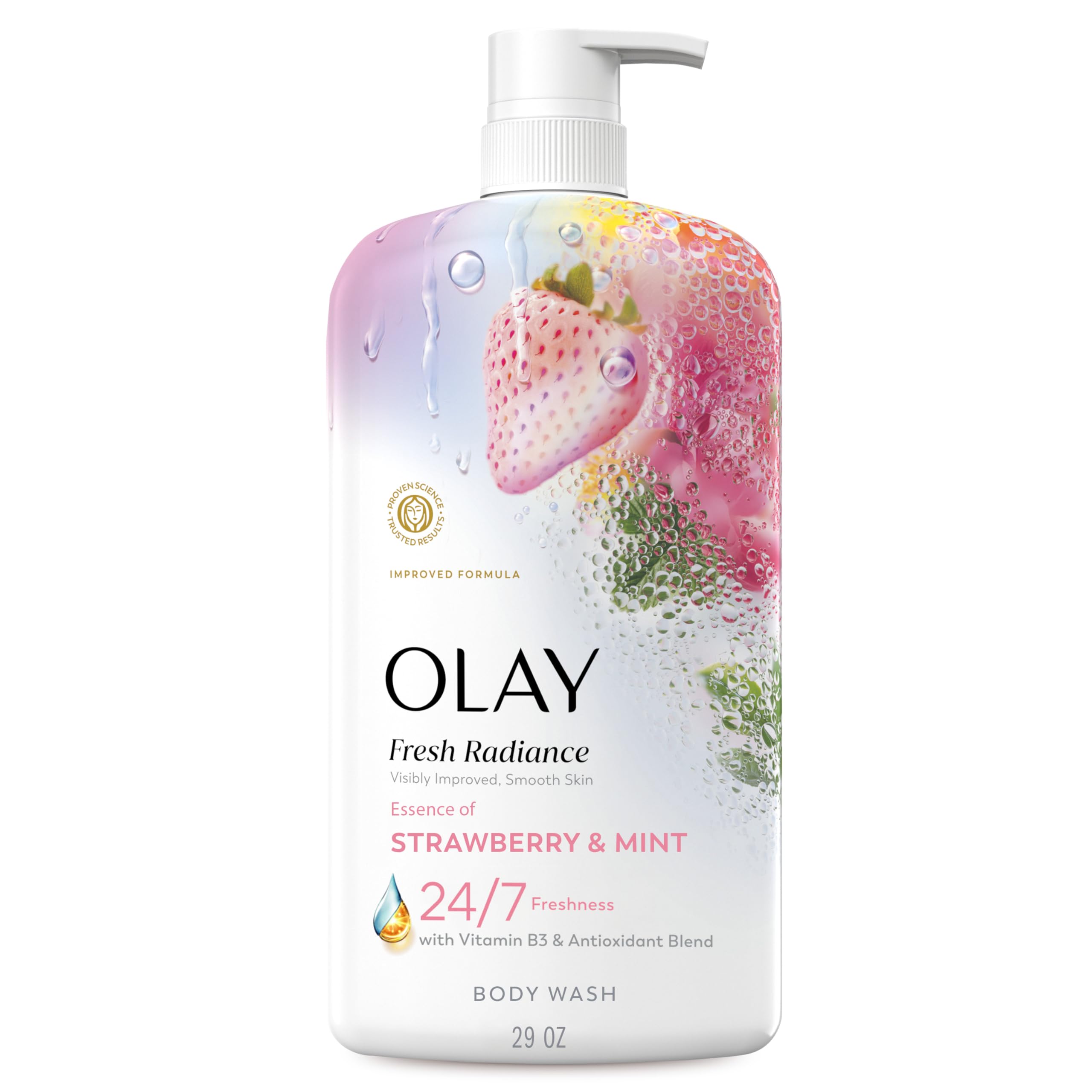 Olay Body Wash for Women, Fresh Radiance, 24/7 Skin-Loving Freshness, Visibly Radiant, Plant Based Cleansers, Vitamin B3 & Antioxidant Blend, For All Skin Types, Strawberry & Mint Scent, 29 fl oz - 1