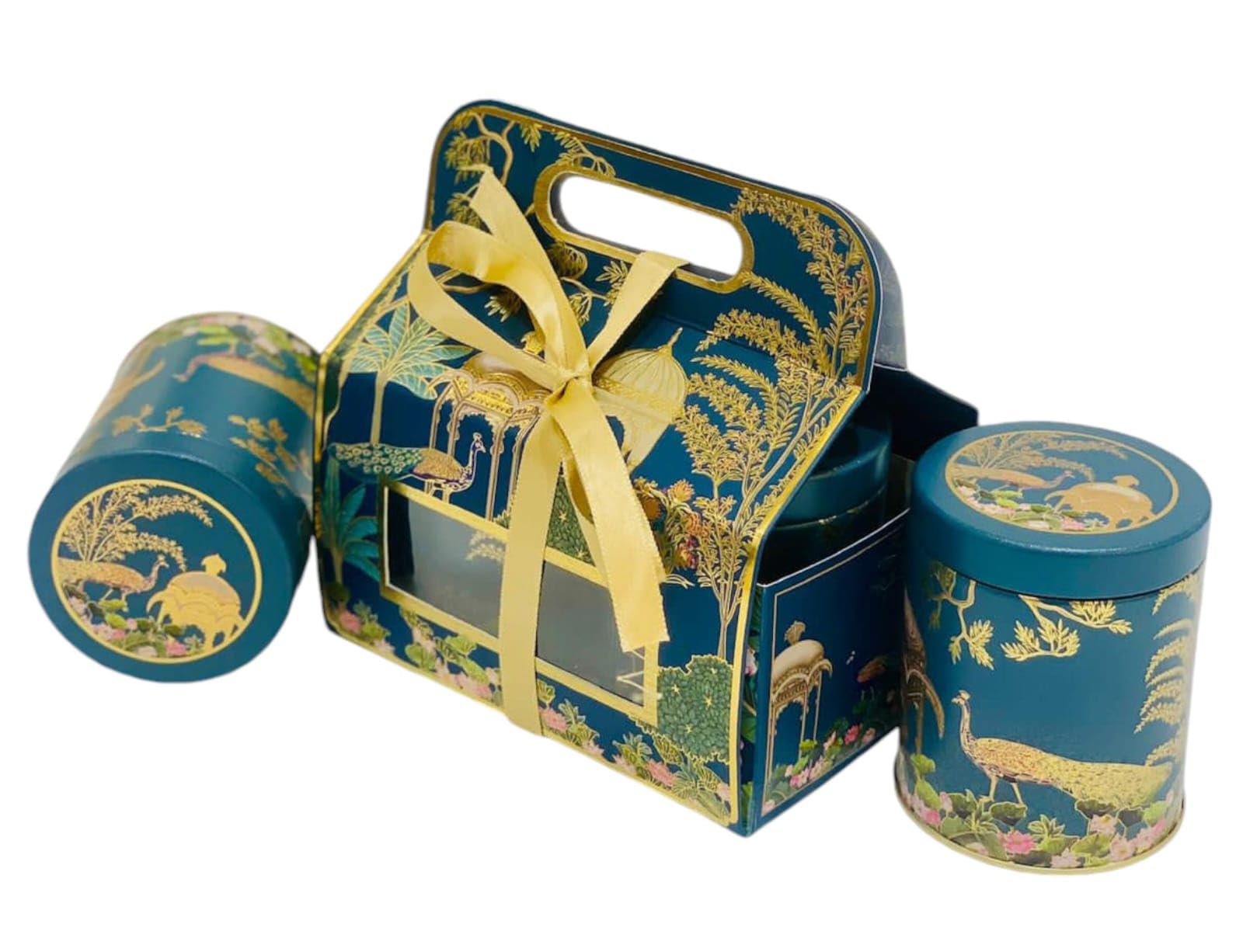 muccasacra Peacock Design BLUE Tin Boxes PAIR Diwali Gift Packing