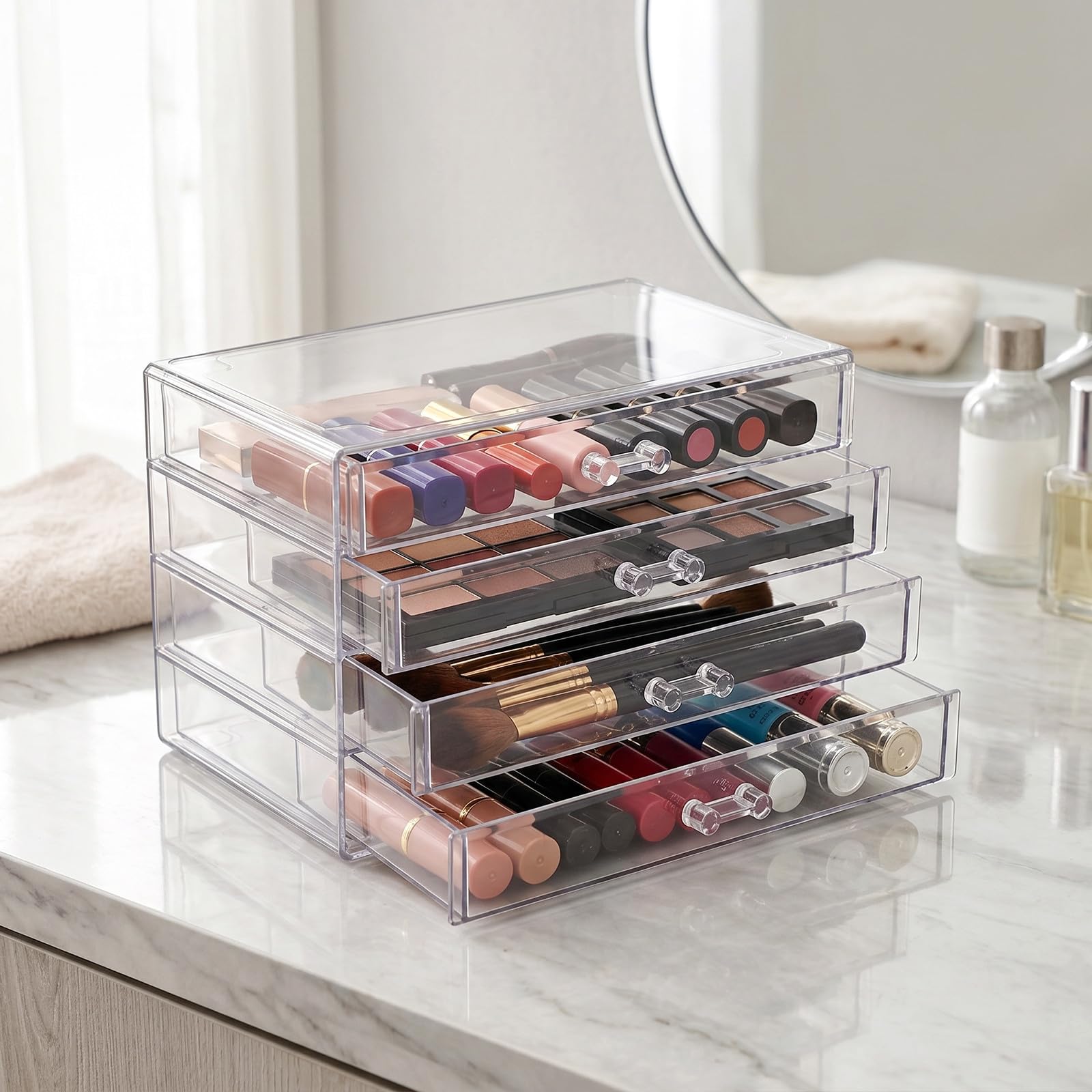 Caja de Maquillaje Acrílico Transparente con Organizador de Cosméticos de Escritorio con Tapa para Dormitorio y Baño Almacenamiento Espacioso y Ahorro de Espacio