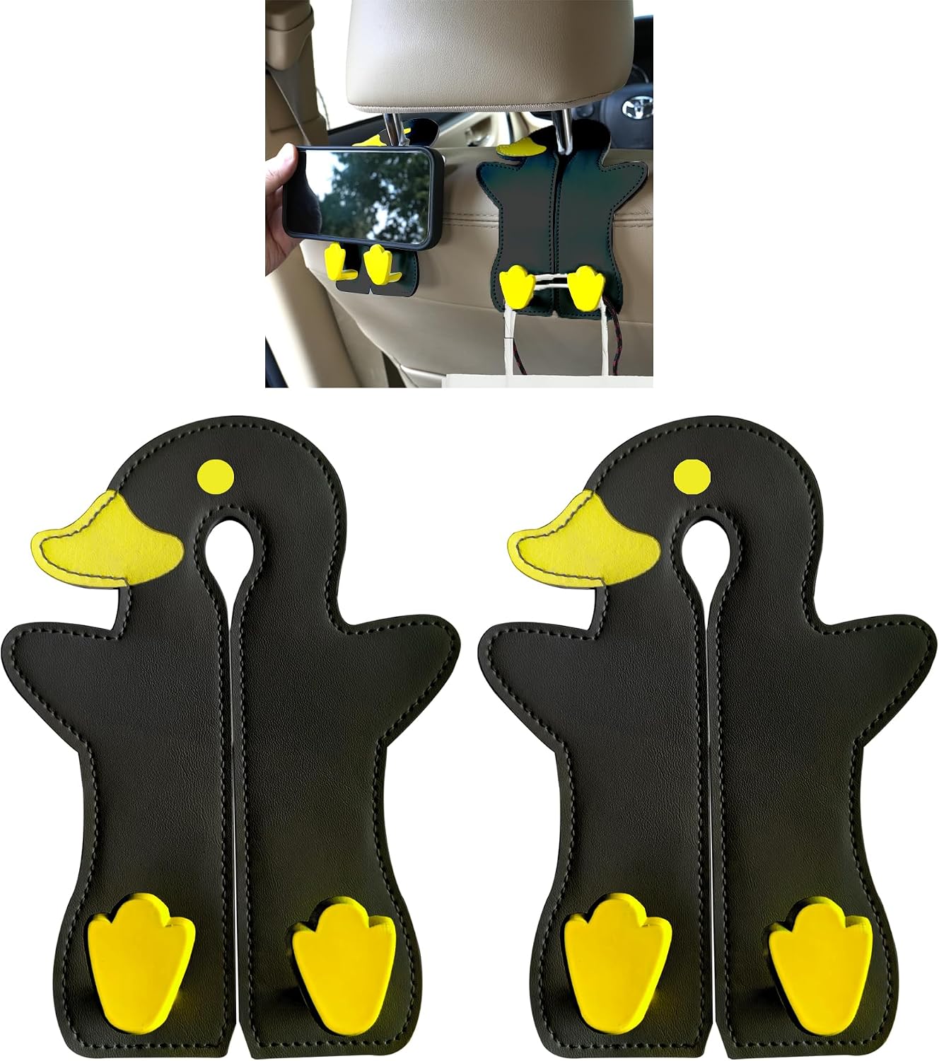 Car Seat Back Hooks - Double Hook Headrest Hanger for Purse, Bags, Groceries & Phone Holder - Universal Fit for Car, SUV, Truck - Heavy Duty Metal & Premium Leather Organizer