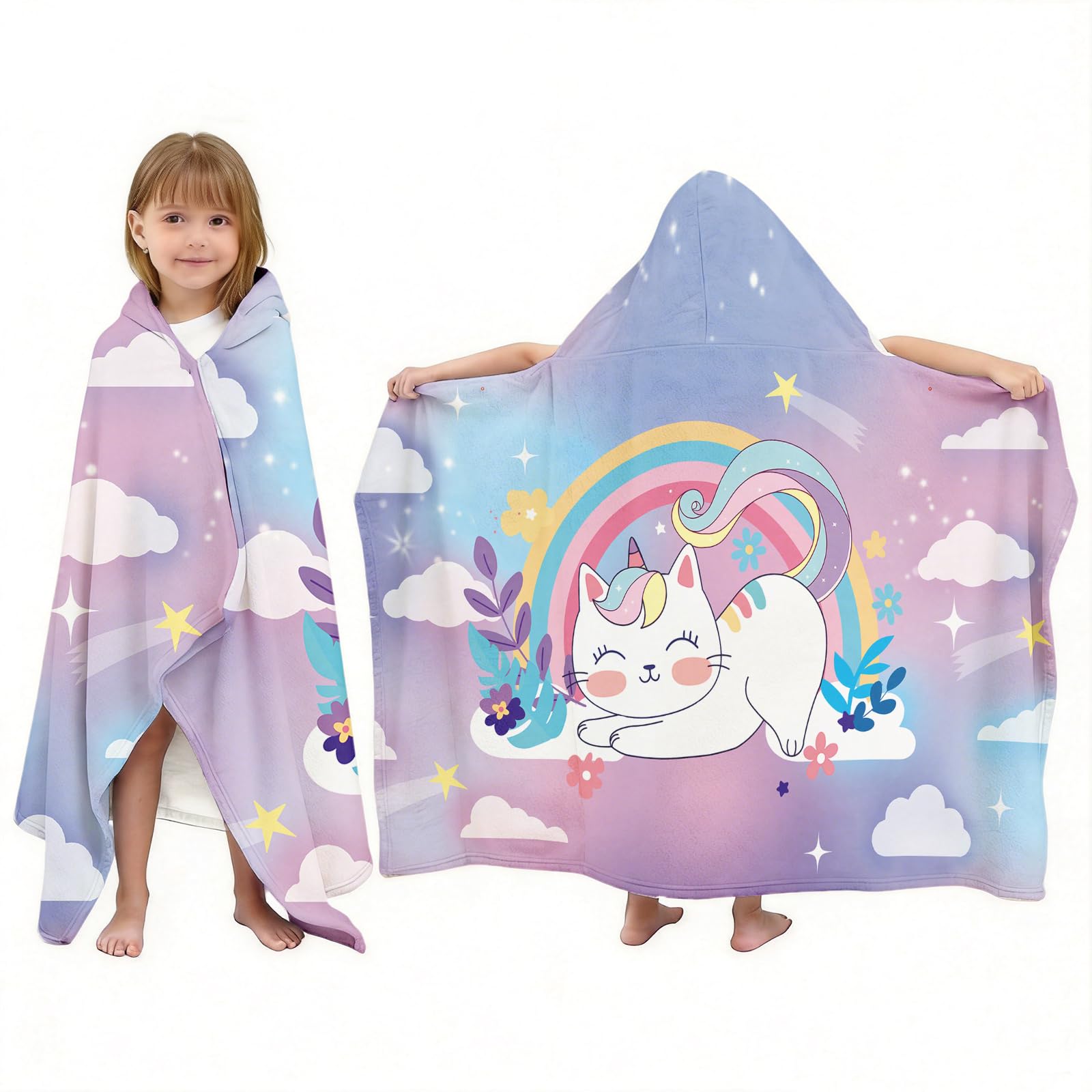 NEIUJADK Kids Caticorn Hooded Bath Towel for Girls 3-10, 30"x50" Soft Absorbent Cotton Wearable Poncho Beach Towel with Hood & Snap Buttons
