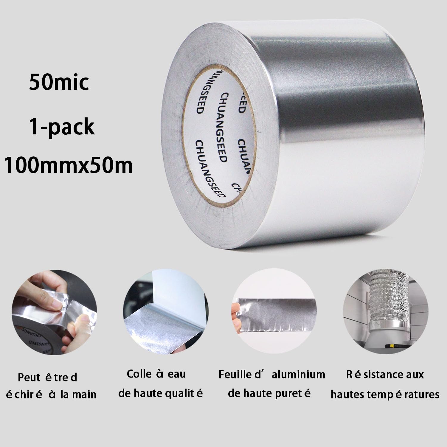CHUANGSEED Ruban Adhésif Aluminium,100mmX50m,Bande adhesive professionnel en aluminium haute temperature,Aliminum foil tape,argent,Isolation thermique,réparationde tuyaux,fixation,ignifuge