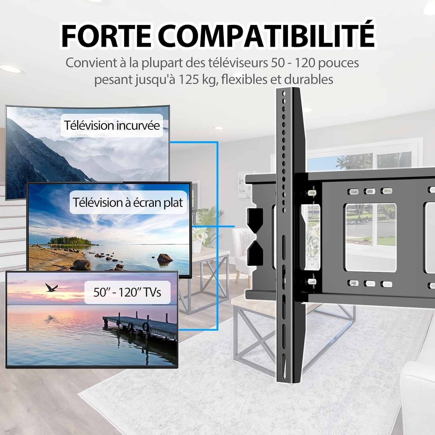 Support Mural TV Grande Taille pour téléviseurs 50" - 120",Support TV Charge Lourde VESA Max 900x600 mm, Charge de 125 kg,Fixation Murale TV 60 65 70 75 77 80 85 86 90 95 98 100 110 Pouces
