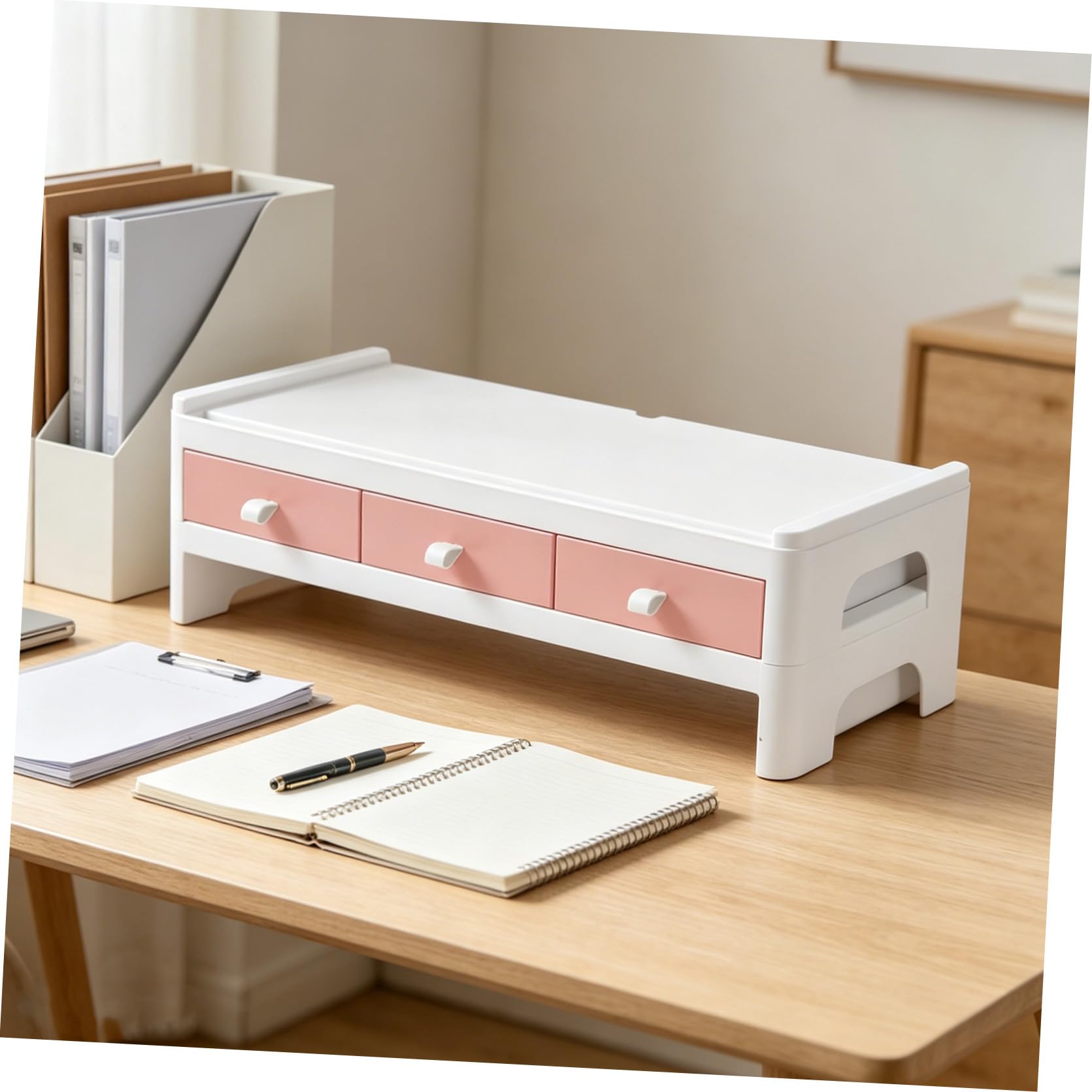 Rialzo Schermo Scrivania Rosa in Plastico Supporto Fisso | Organizzazione Classificata per Stationery e Cosmetici, Uso Domestico, per Studenti e Appassionate Makeup