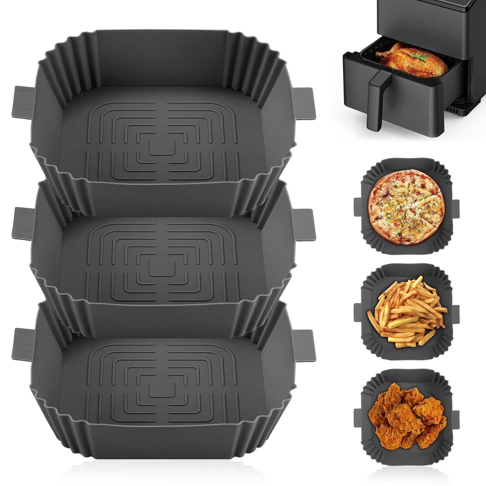 3 Moldes de Silicona para Freidora de Aire – Accesorios para Freidora de Aire, 19,5×19,5×5 cm, Capacidad por Unidad 1.6 L, Recipiente Reutilizable, Adecuado para Airfryer, Hornos y Microondas