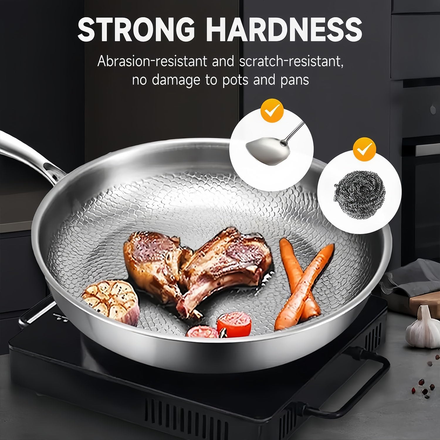 2026 Upgrade Pure Titanium Frying Pan with Lid, Non Coatings & Scratch-Resistant, Titanium Hammered Pro Pan, Fast Even Heating Cooking, Compatible with All Cooktops (M)